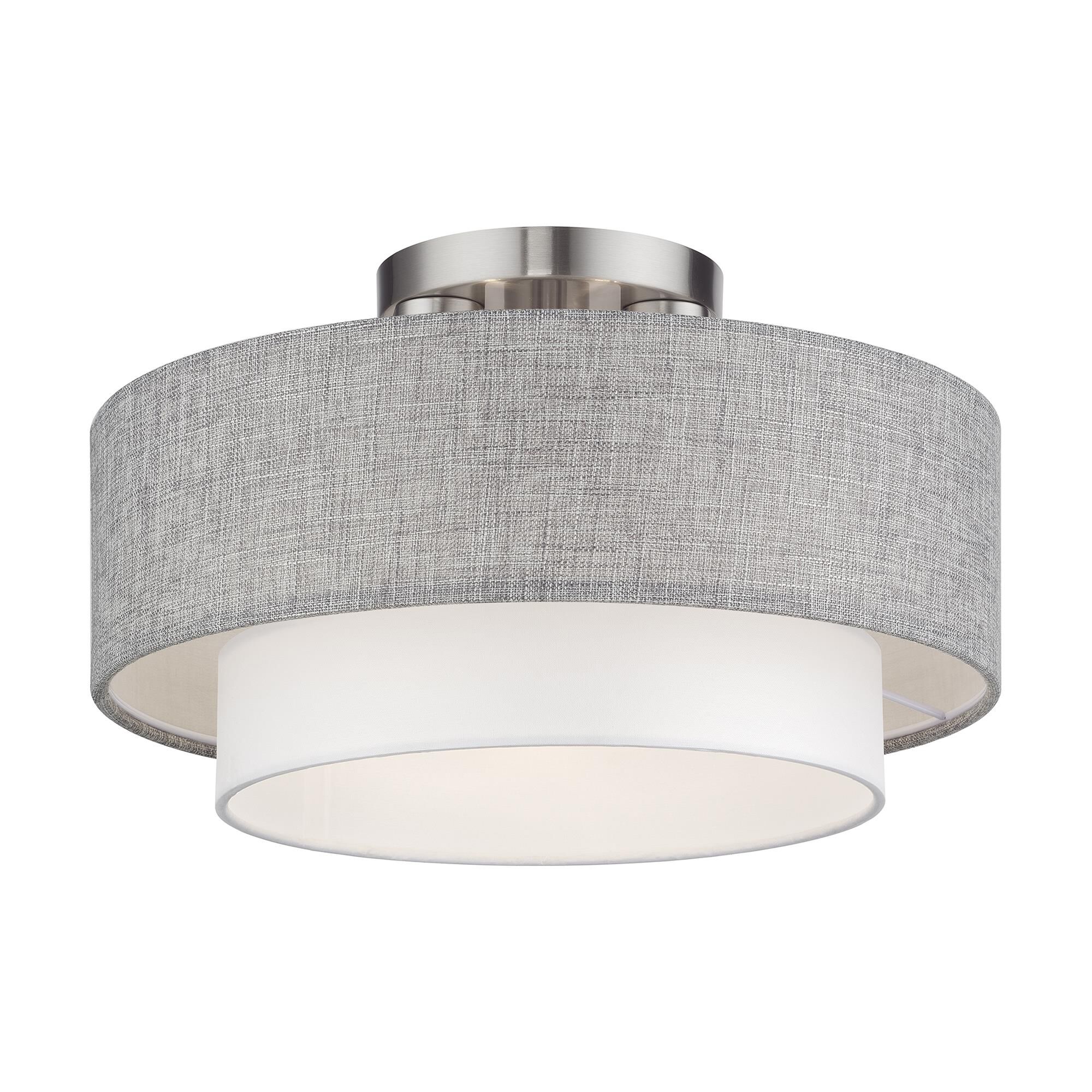 Shown in Brushed Nickel finish and Hand Crafted Urban Gray and Hand Crafted White Fabric Hardbacks with White Fabric Inside shade