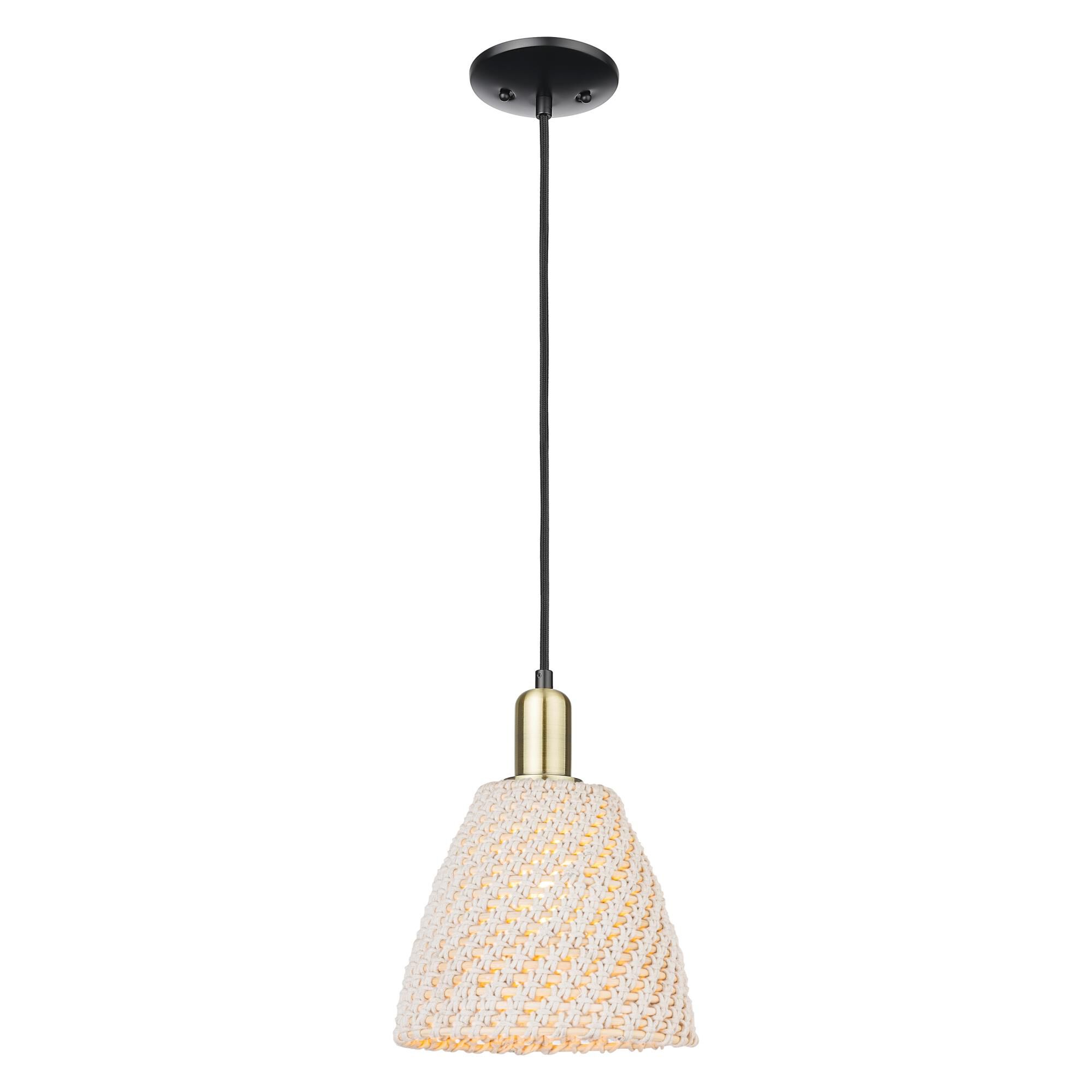 Shown in Black Antique Brass finish and Natural shade