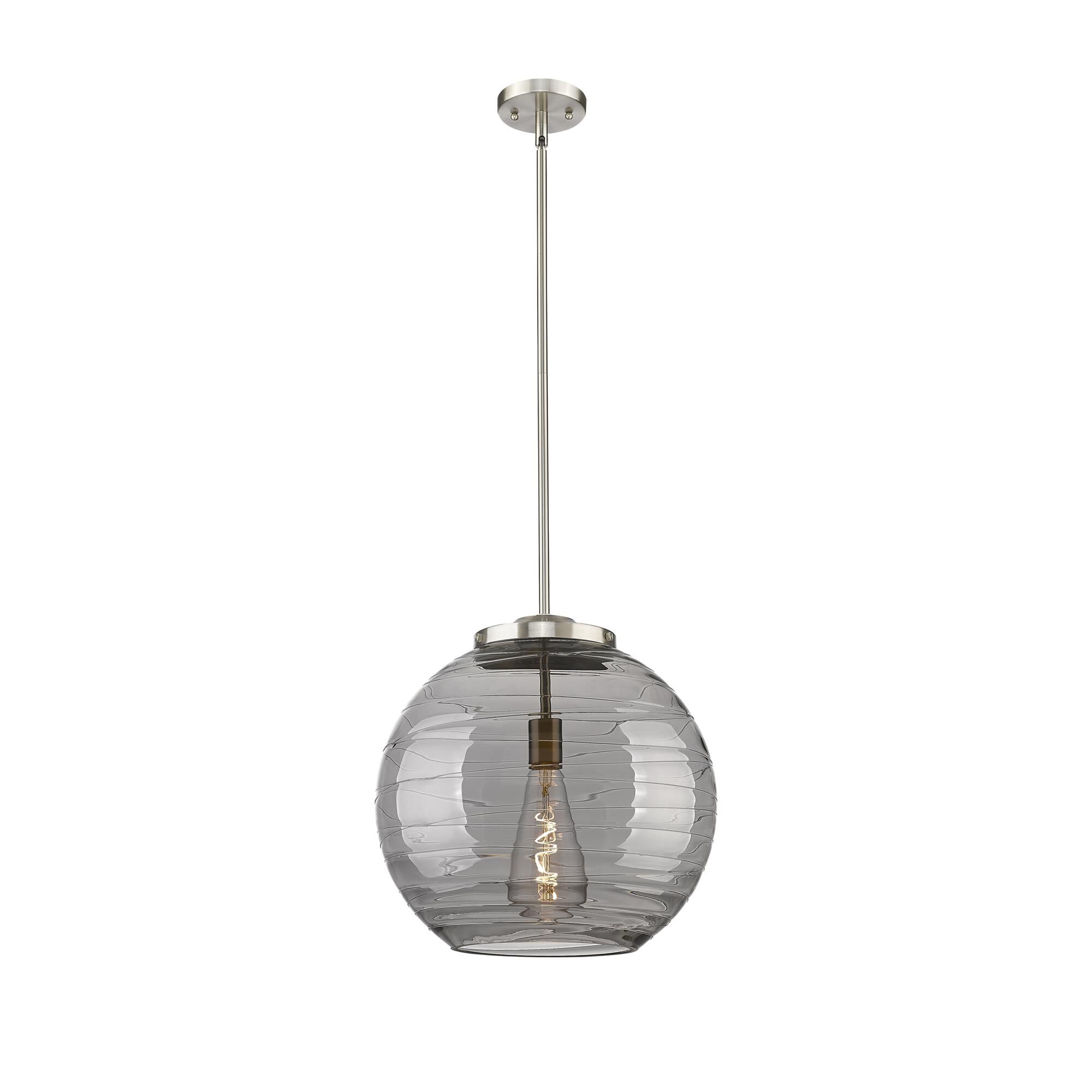 Shown in Brushed Satin Nickel finish and Light Smoke Deco Swirl glass