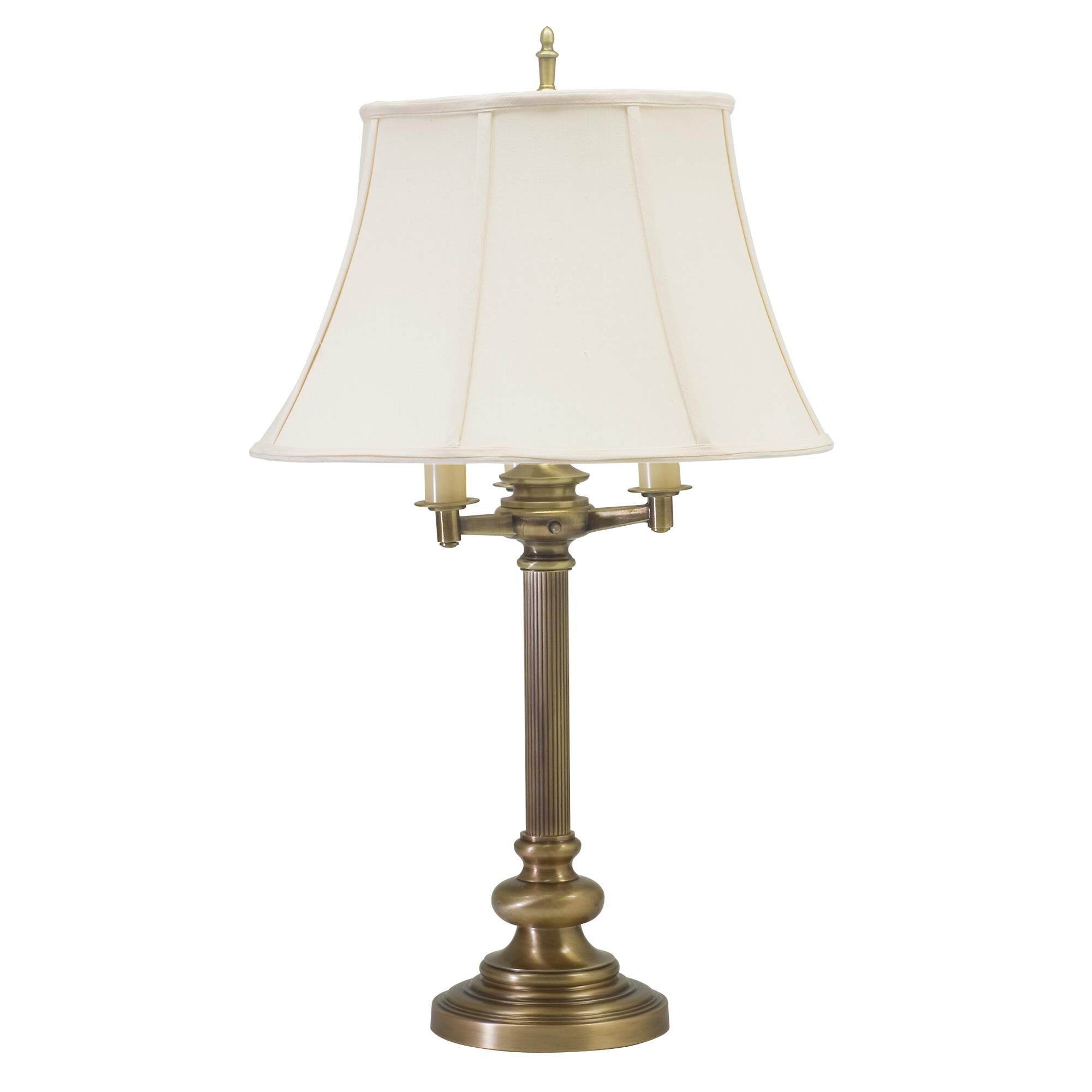 Shown in Antique Brass finish and Off-White Linen Softback shade