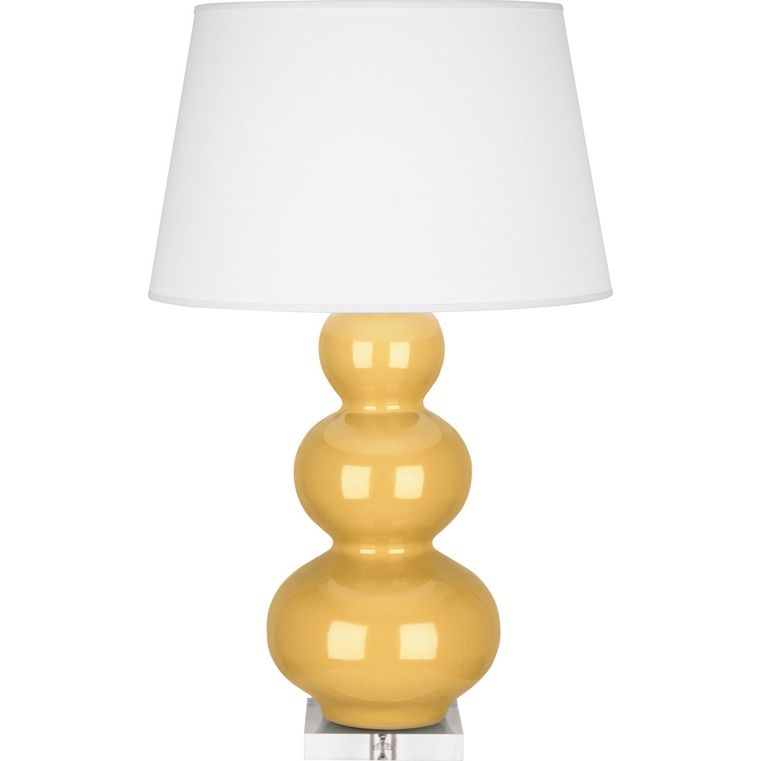 Shown in Sunset Yellow Glazed Ceramic With Lucite Base finish and Pearl Dupioni Fabric shade