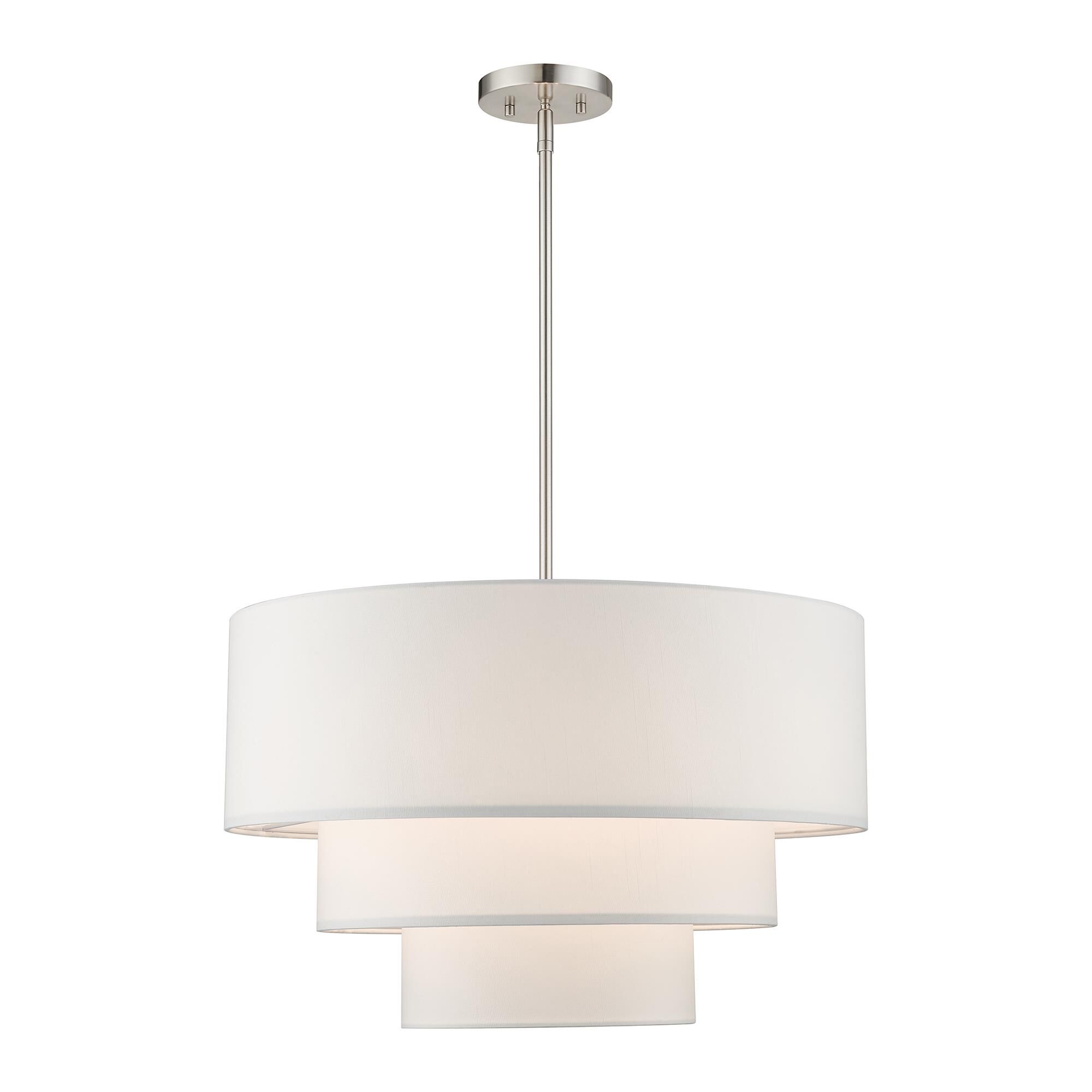 Shown in Brushed Nickel finish and Hand Crafted Off-White Color Hardback Fabric  With White Fabric Inside shade