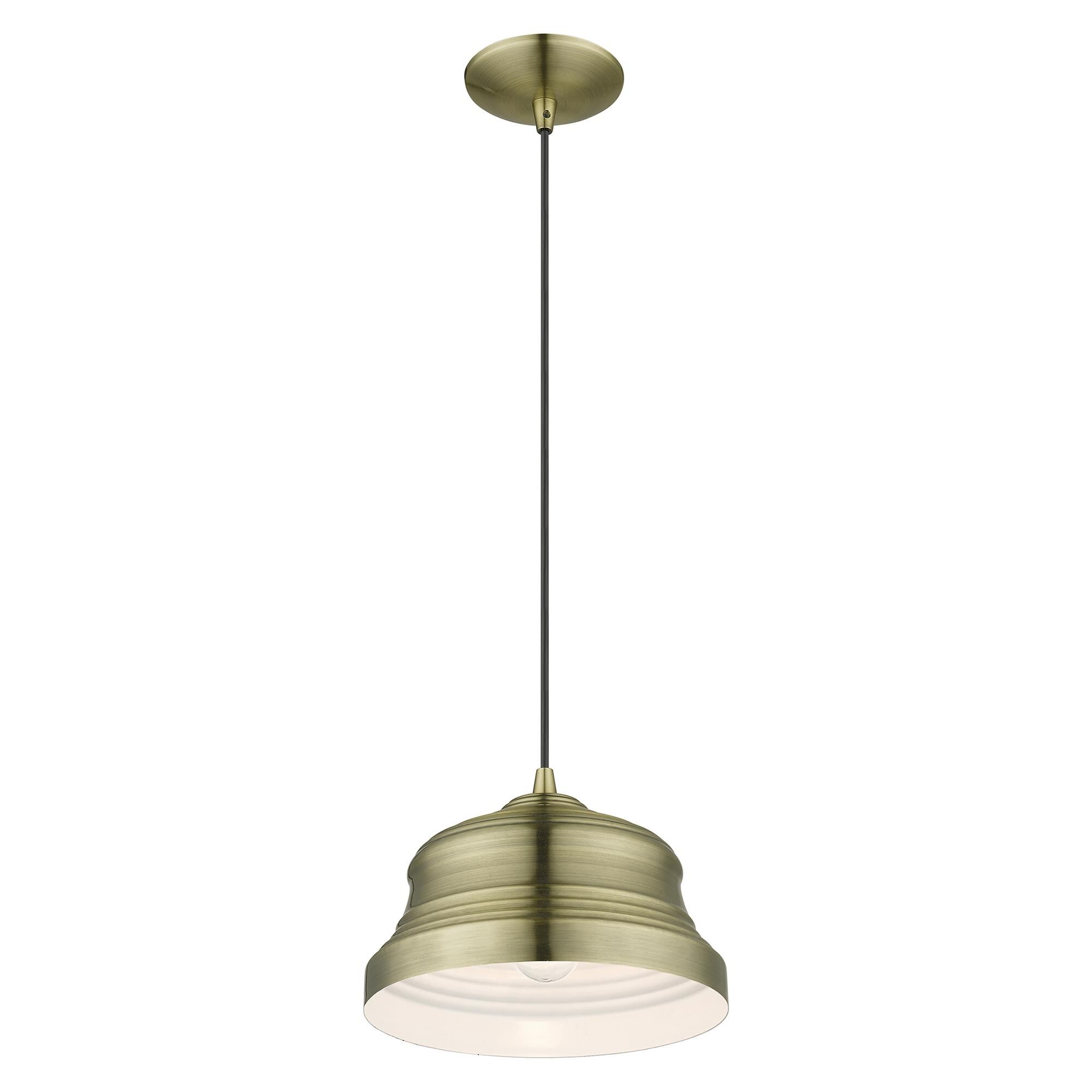 Shown in Antique Brass finish and Antique Brass Steel with Shiny White Finish Inside shade