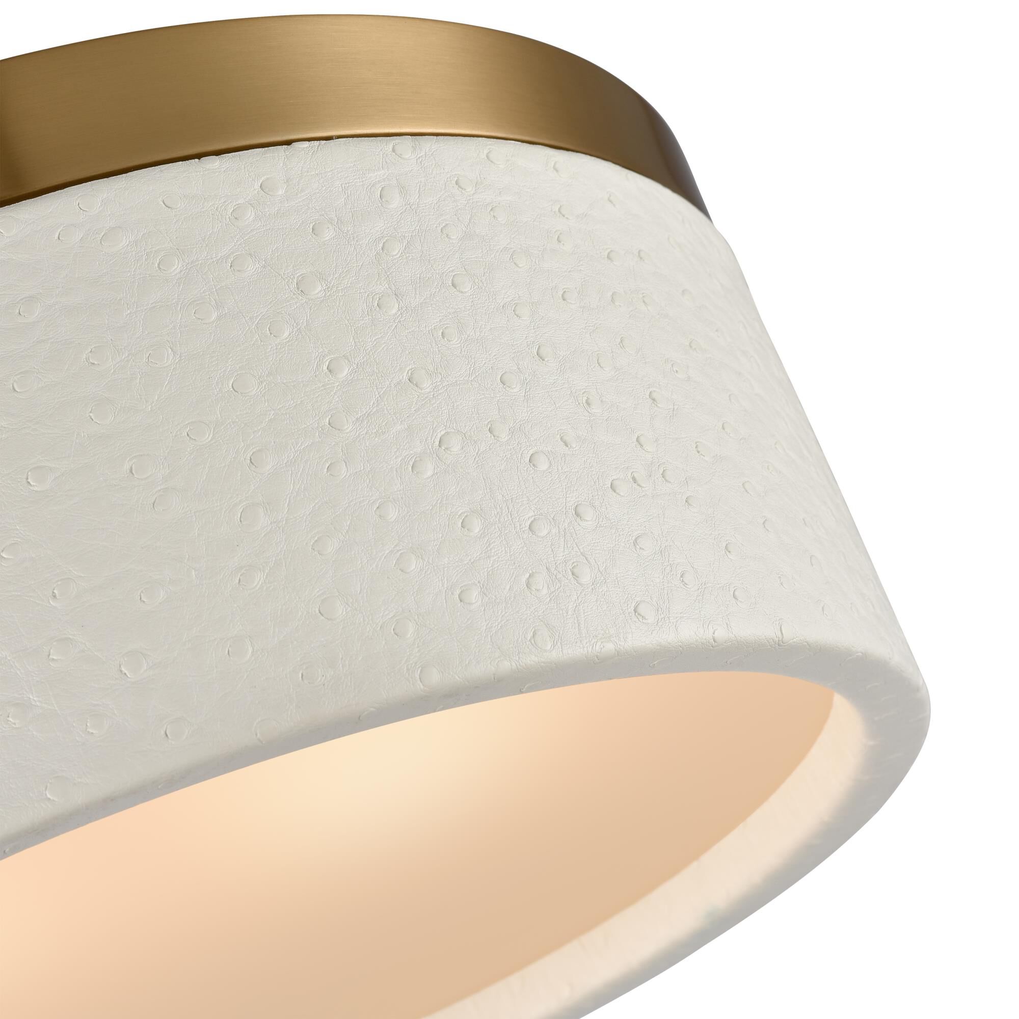 Shown in Satin Brass finish and Metal Shade With Faux Ostrich Wrap glass and Metal  With Faux Ostrich Wrap shade