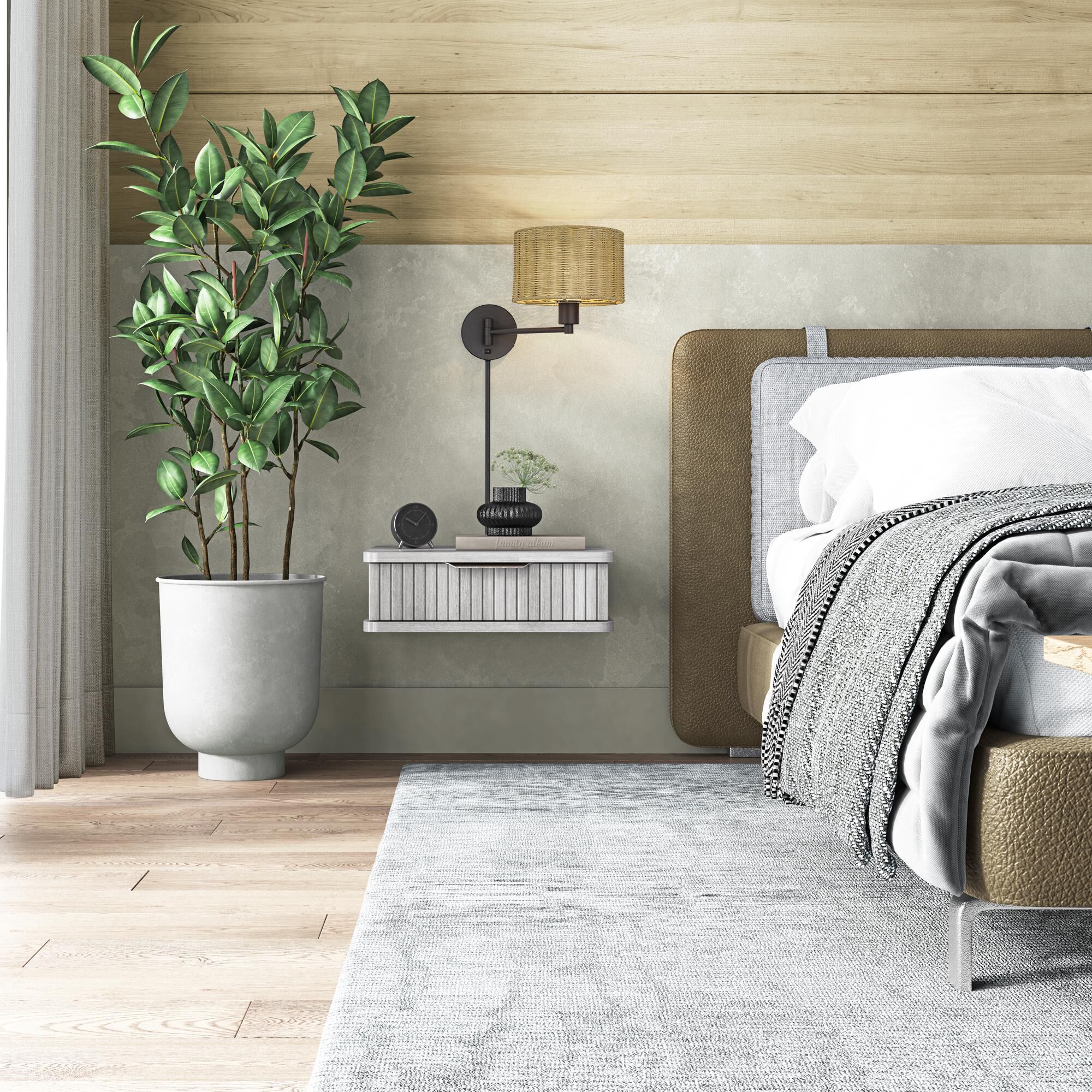 Shown in Bronze finish and Hand-Woven Rustic Walnut Color Rattan shade