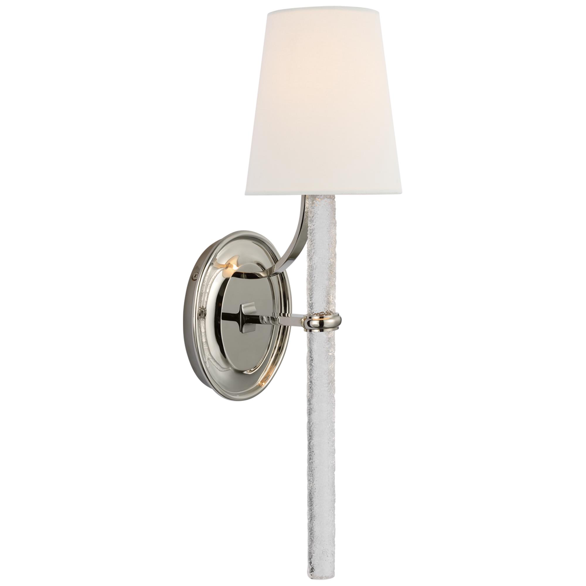 Shown in Polished Nickel finish and Clear Wavy glass and Linen shade