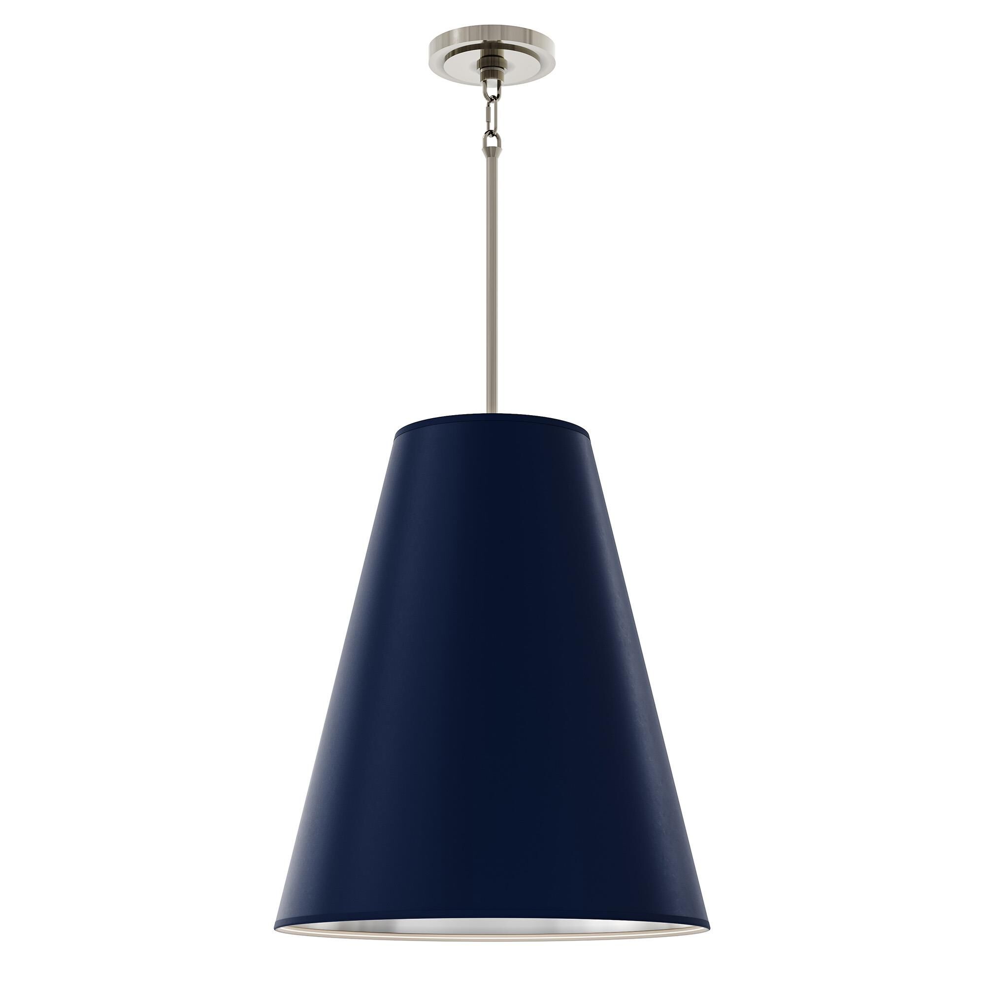 Shown in Polished Nickel finish and Matte Midnight Blue Painted Parchment Paper with Matte Silver Interior shade