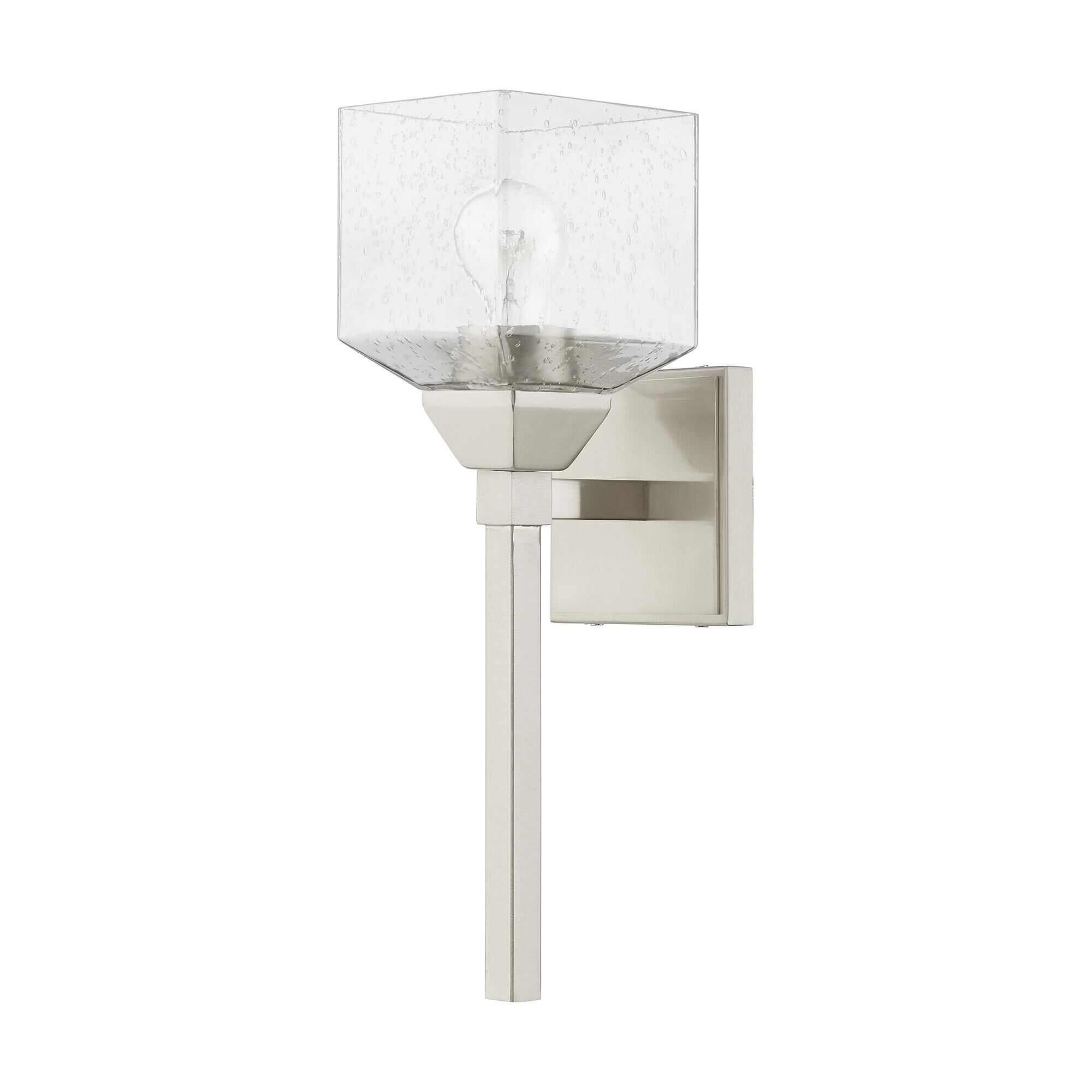 Shown in Brushed Nickel finish and Hand Blown Clear Seeded glass
