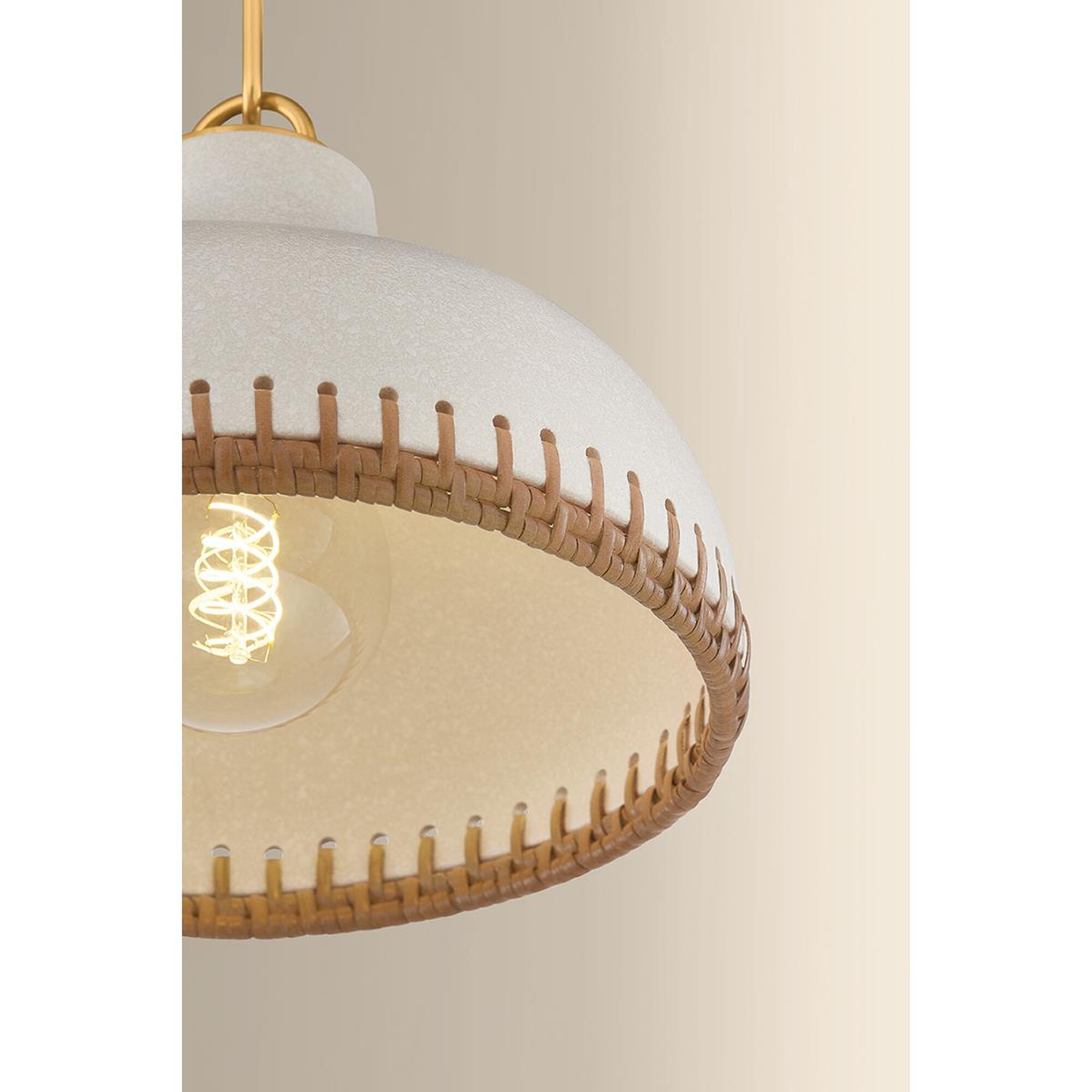 Shown in Aged Brass and Ceramic Cream Pebble finish and Rattan Weave Ceramic shade