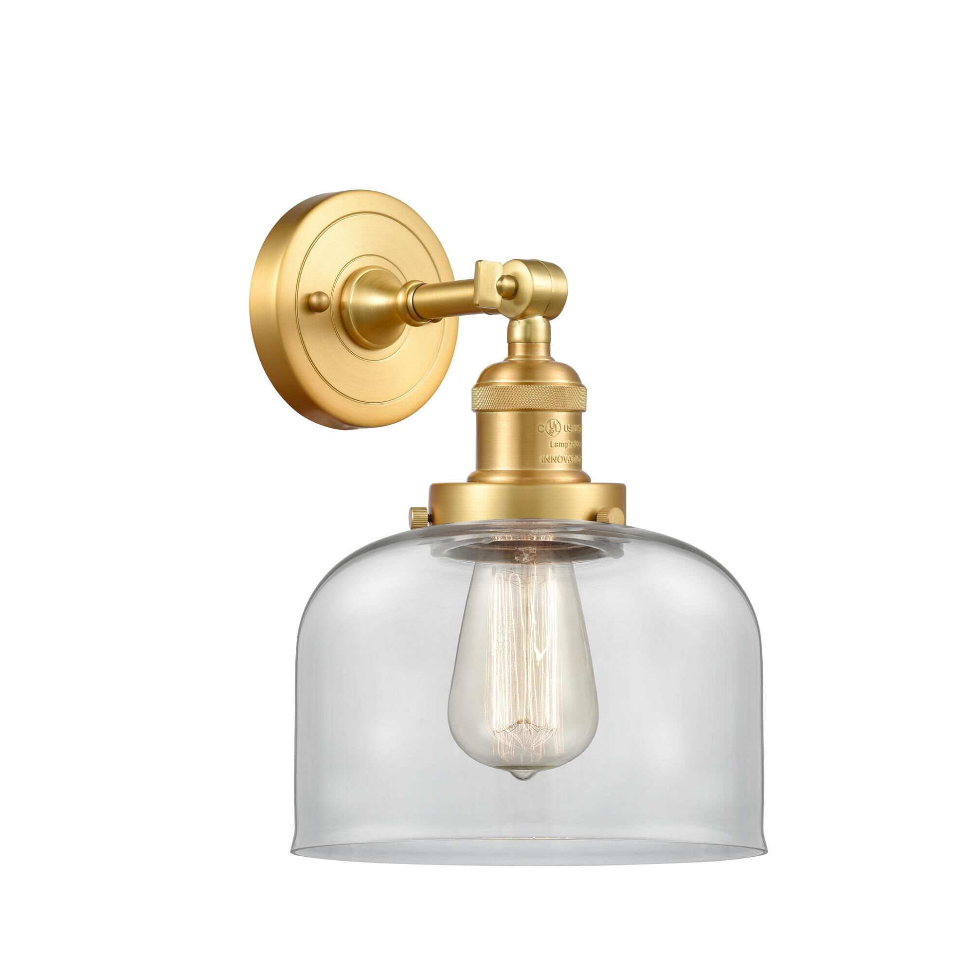 Shown in Satin Gold finish and Clear Large Bell glass