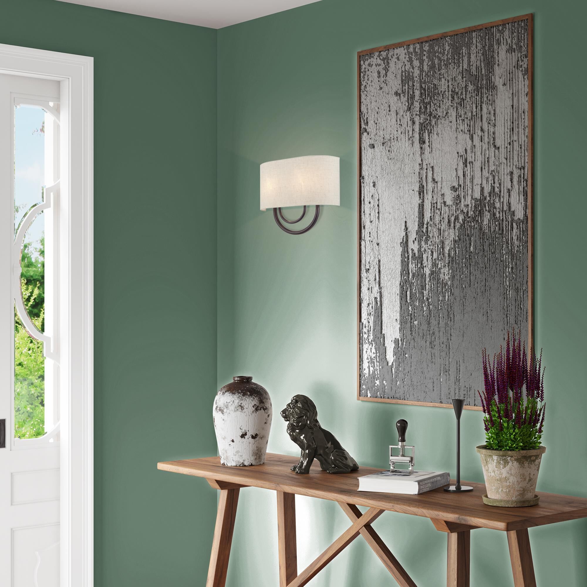 Shown in English Bronze finish and Hand Crafted Oatmeal Color Fabric Hardback with White Fabric Inside shade