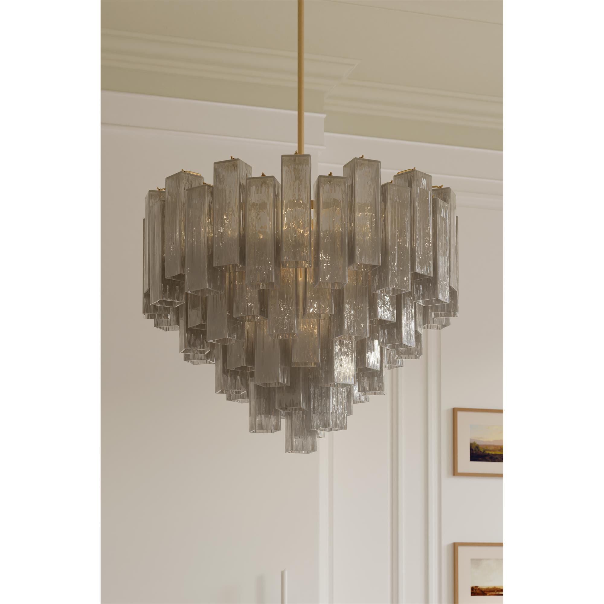 Shown in Legacy Brass finish and Grey Smoke Handmade glass