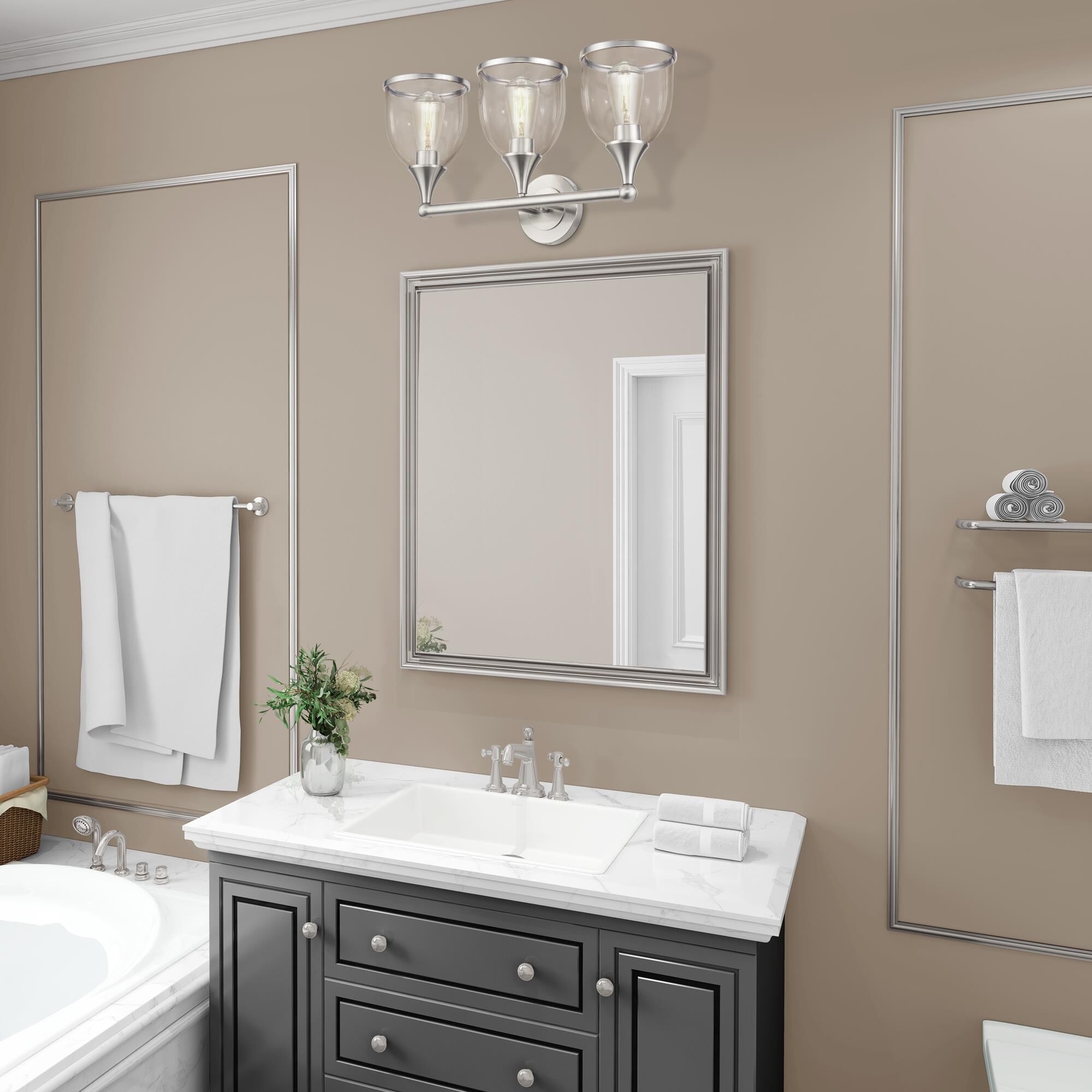 Shown in Brushed Nickel finish and Mouth Blown Clear glass