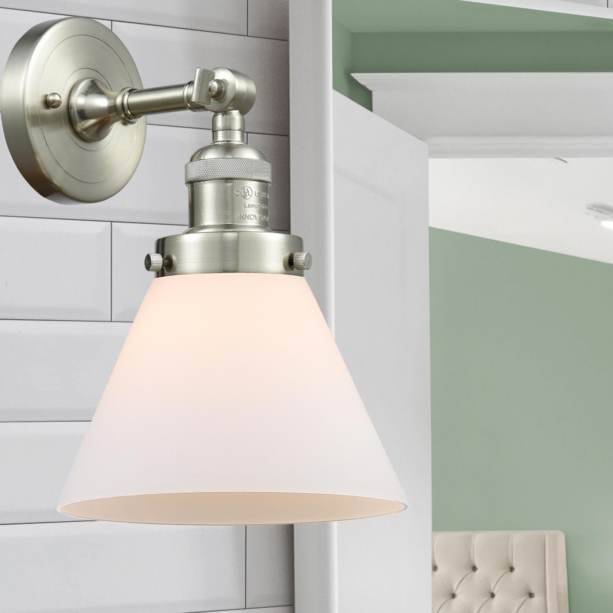 Shown in Brushed Satin Nickel finish and Matte White Cased glass
