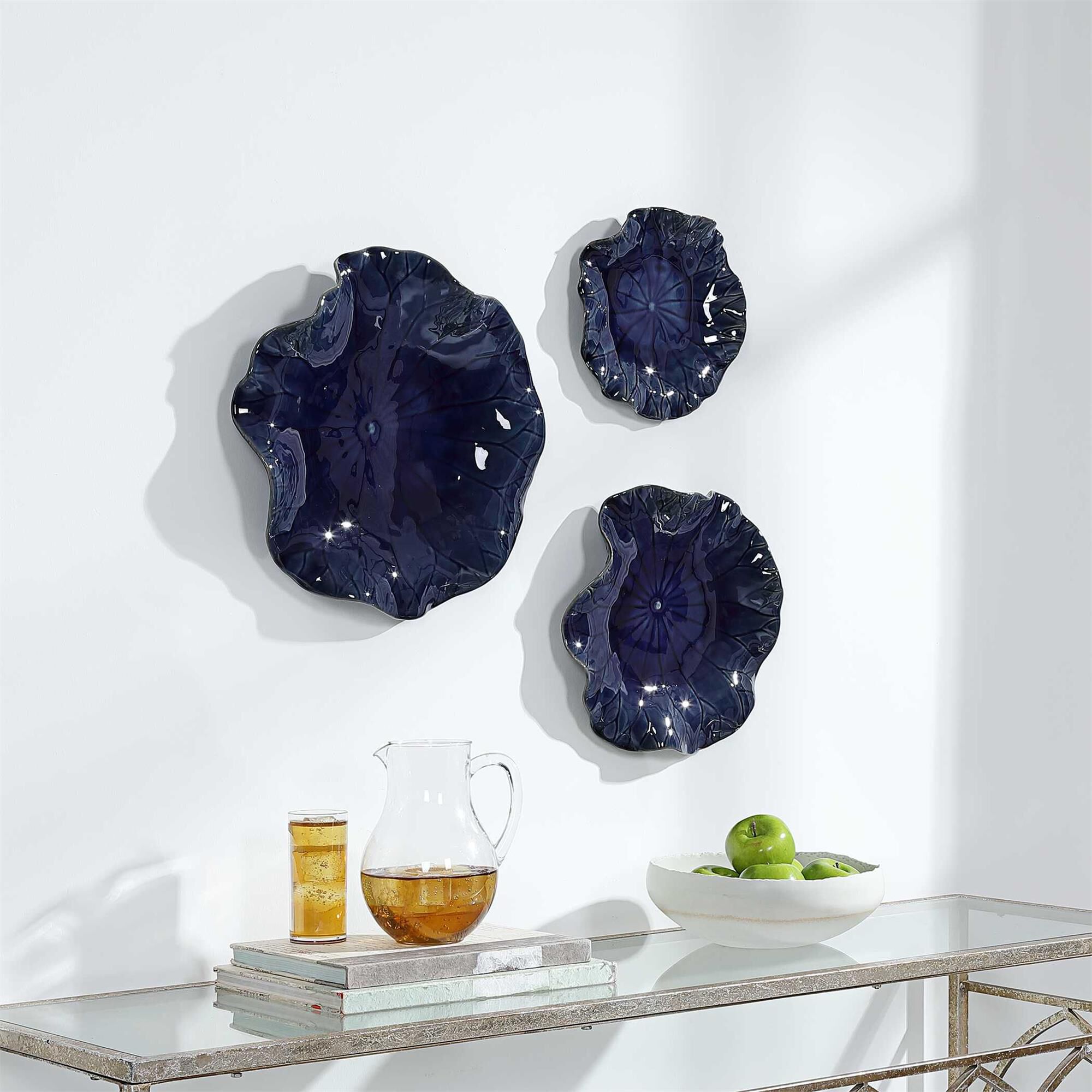 Shown in A Trio Of Ceramic Flowers With Detailed Veining, Glazed In A Rich Cobalt Blue. May Be Hung On Wall O finish