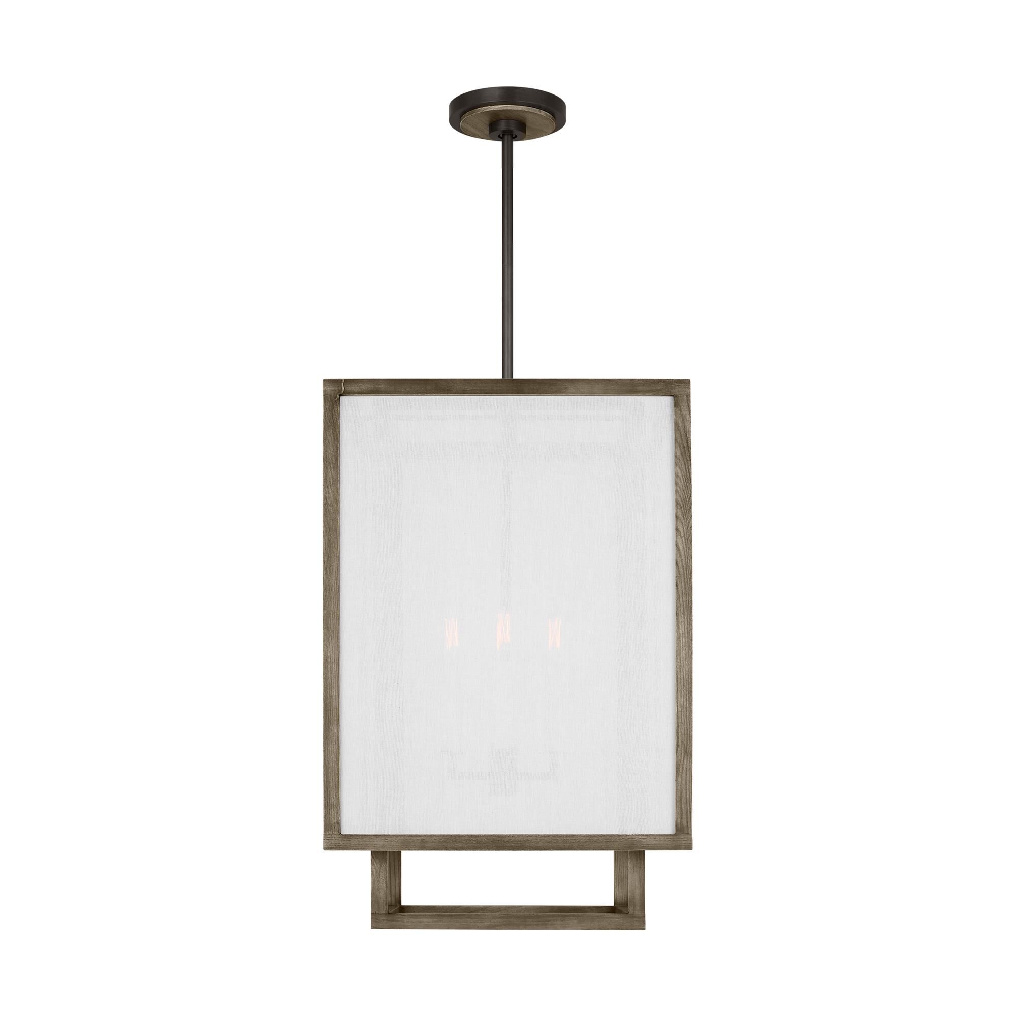 Shown in Weathered Oak Wood finish and White Linen Fabric s shade