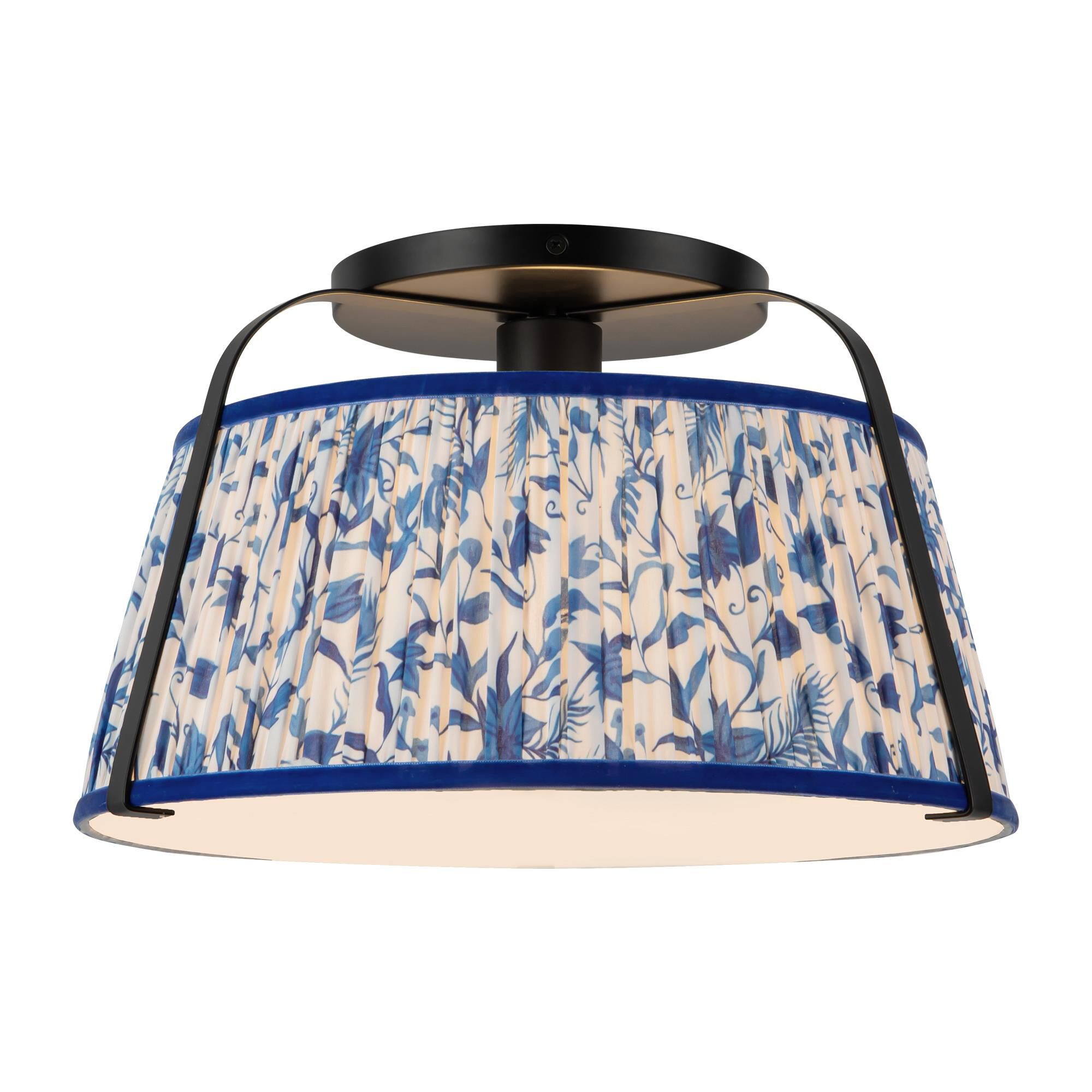Shown in Matte Black finish and Frosted Polycarbonate Diffuser glass and Blue Linen shade