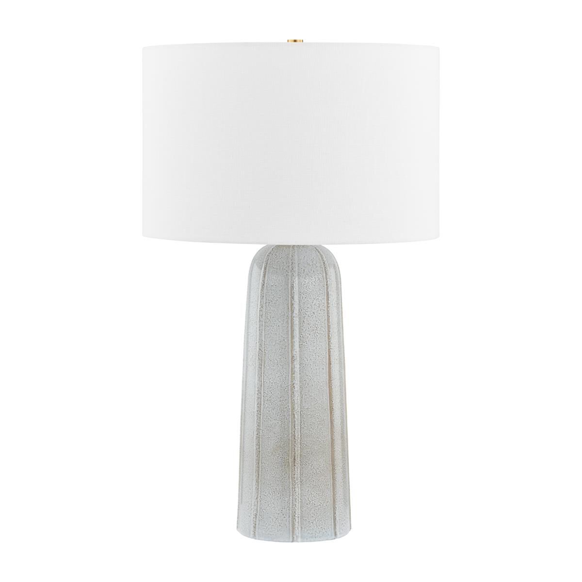 Shown in Aged Brass and Ceramic Reactive Ash finish and White Linen shade