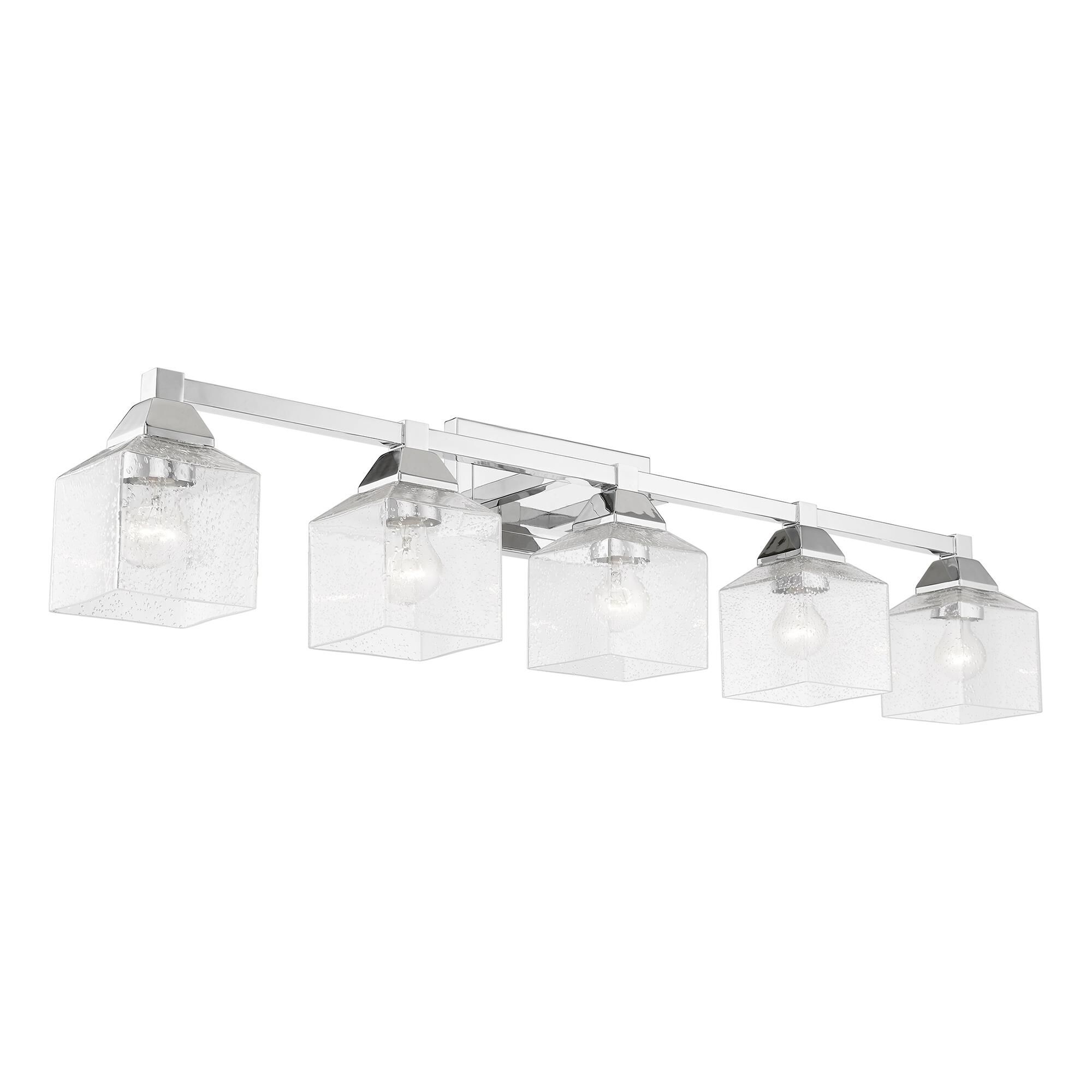 Shown in Polished Chrome finish and Hand Blown Clear Seeded glass