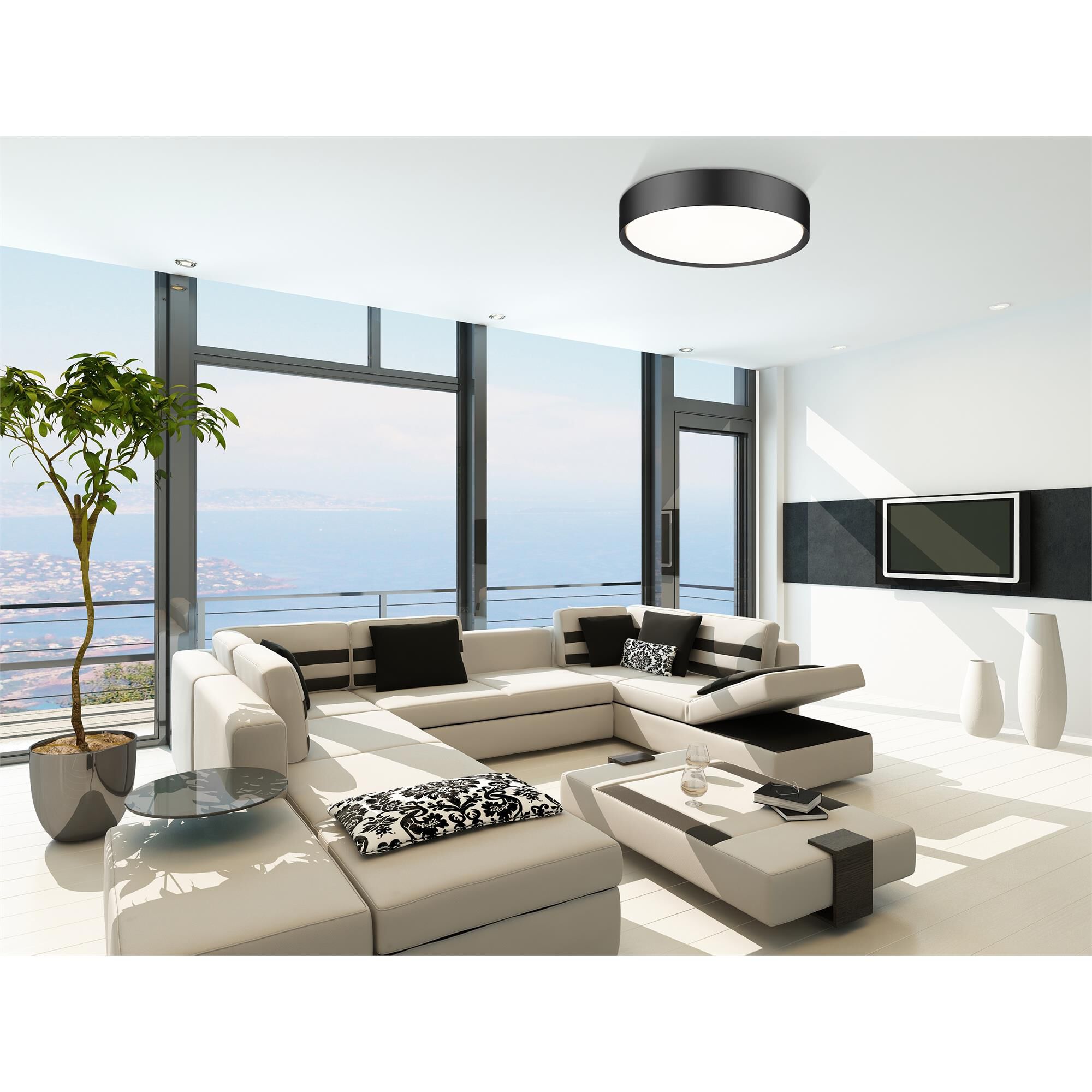 Shown in Matte Black finish and Frosted glass and Frosted shade
