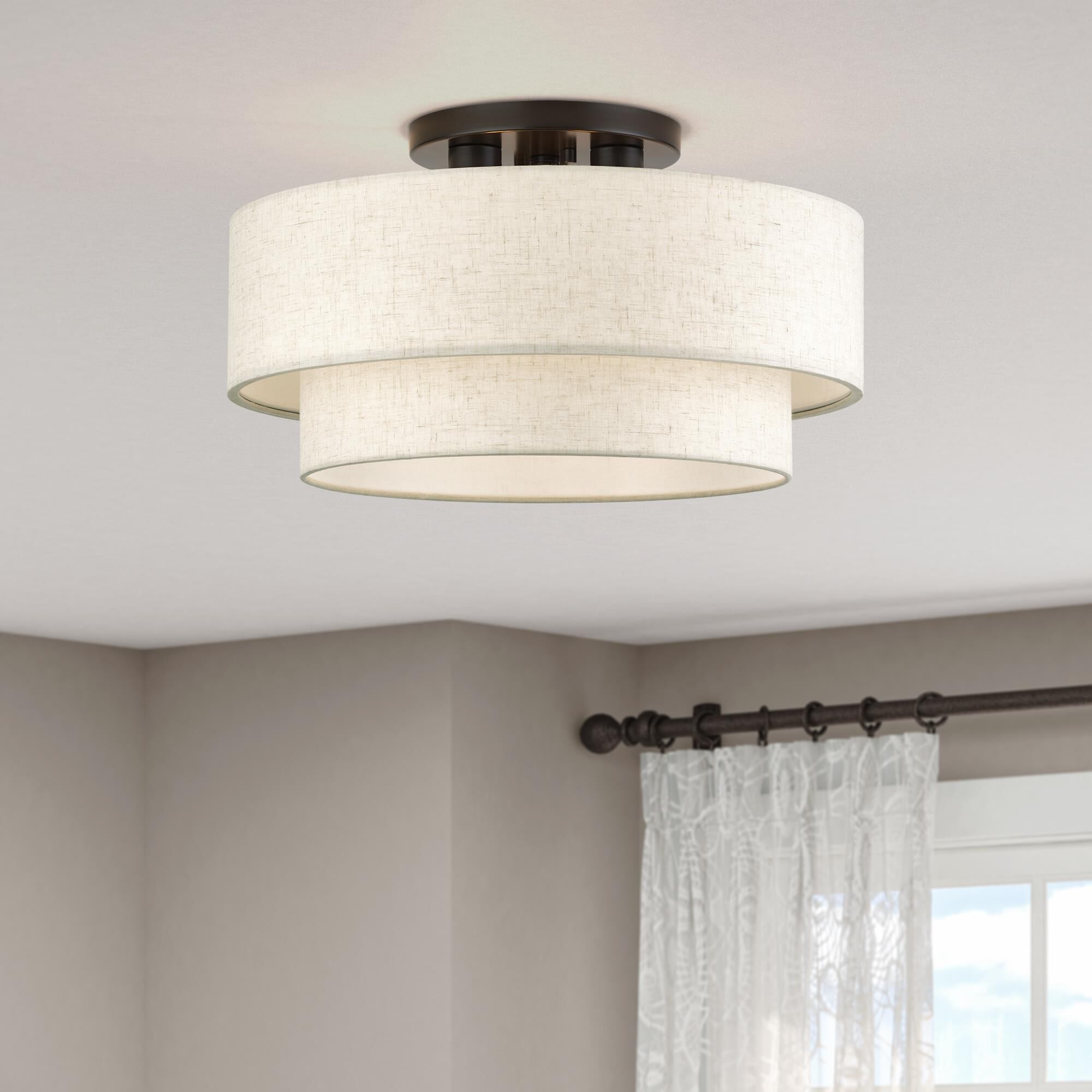 Shown in English Bronze finish and Hand Crafted Oatmeal Color Fabric with White Color Inside shade