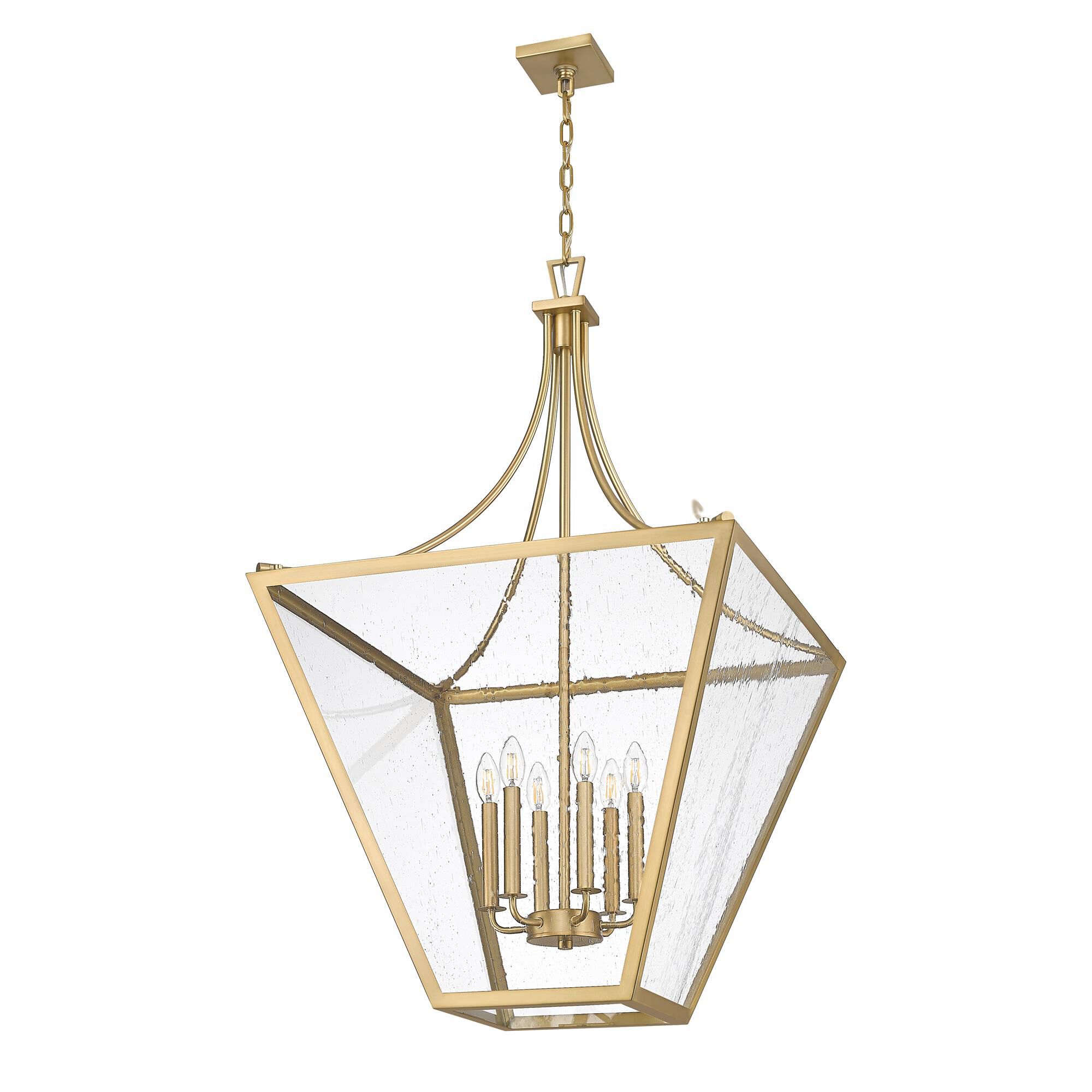 Shown in Rubbed Brass finish and Clear Seedy glass