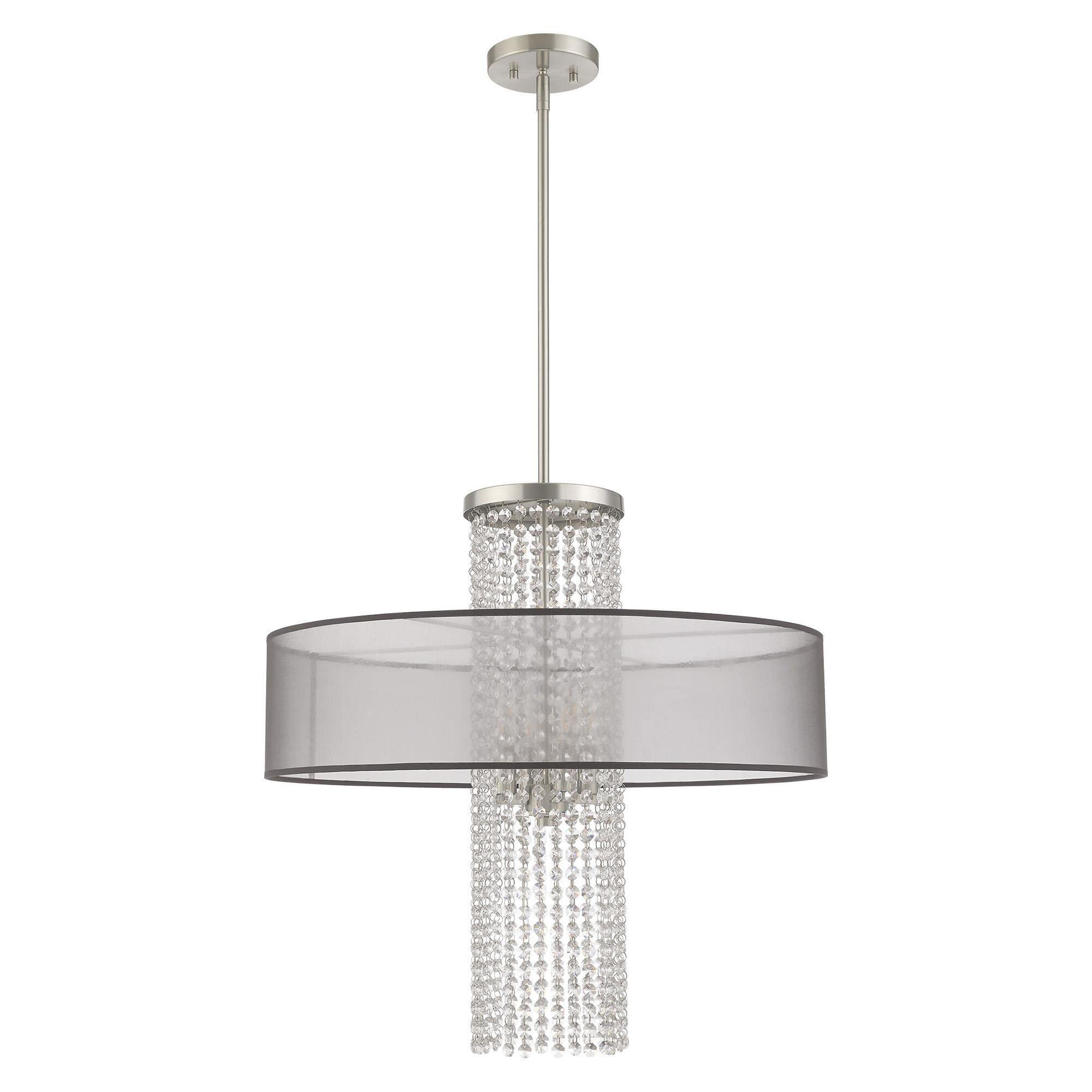 Shown in Brushed Nickel finish and Clear Crystals with Hand Crafted Translucent Black Fabric shade