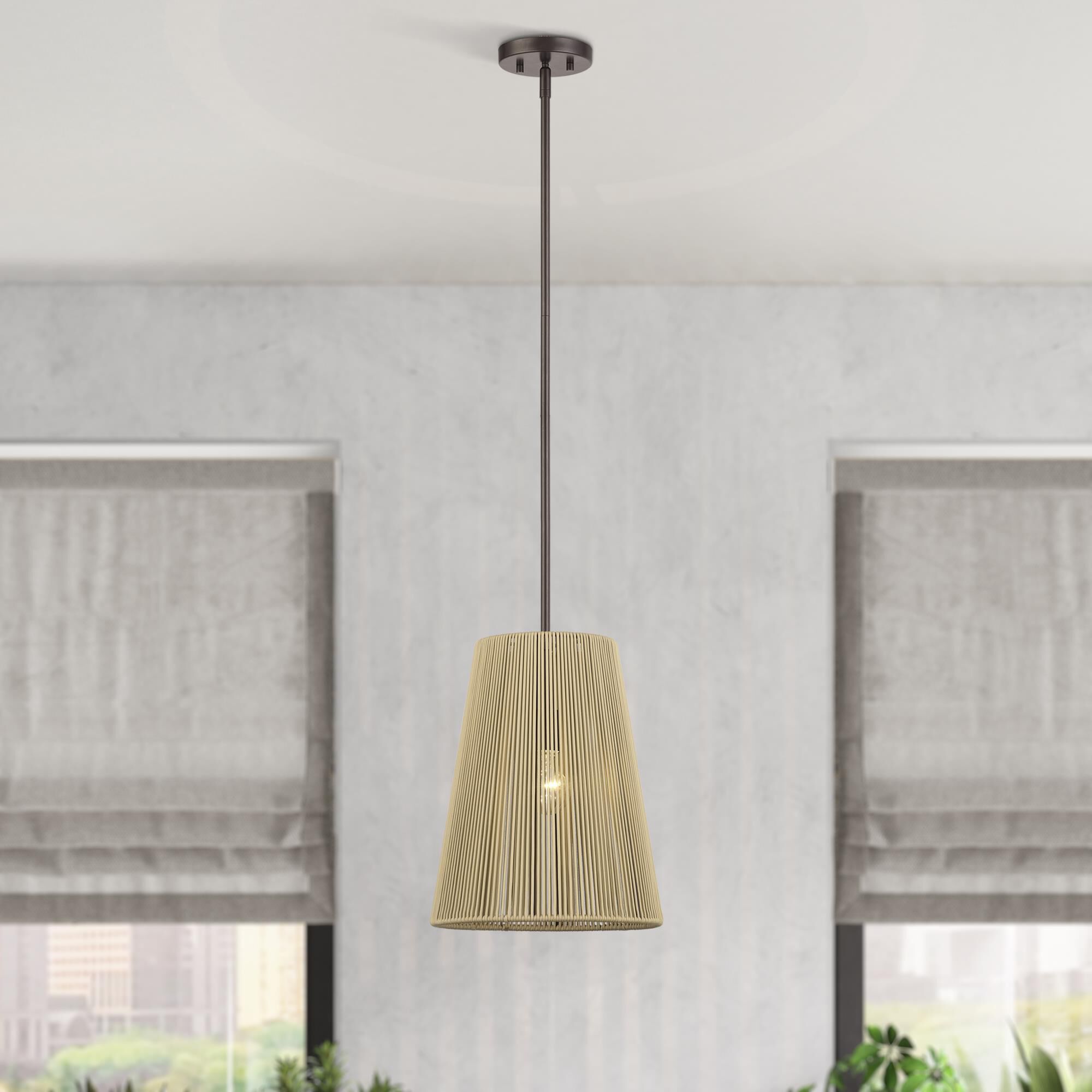 Shown in English Bronze finish and Hand-Woven Venetian Gold Color Polyester Rope shade