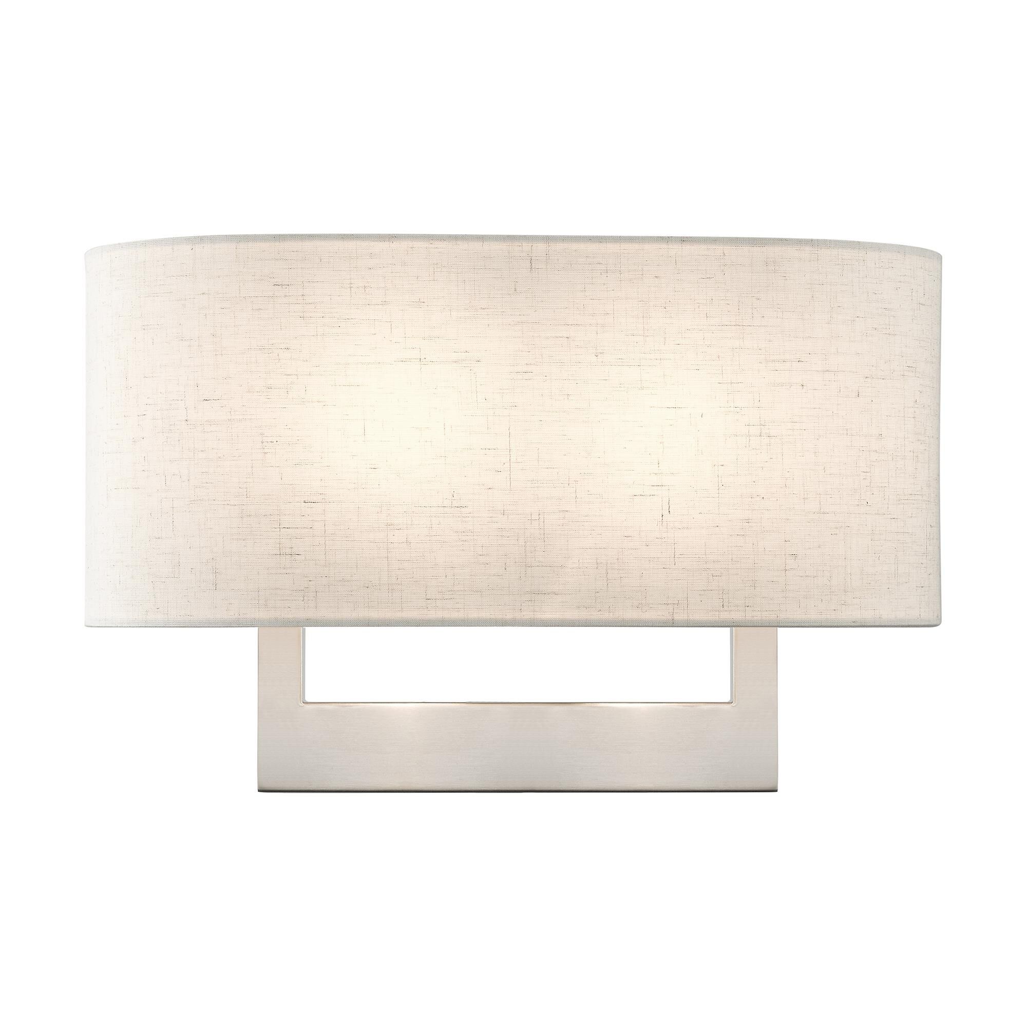 Shown in Brushed Nickel finish and Hand Crafted Oatmeal Color Hardback Fabric  With White Fabric Inside shade