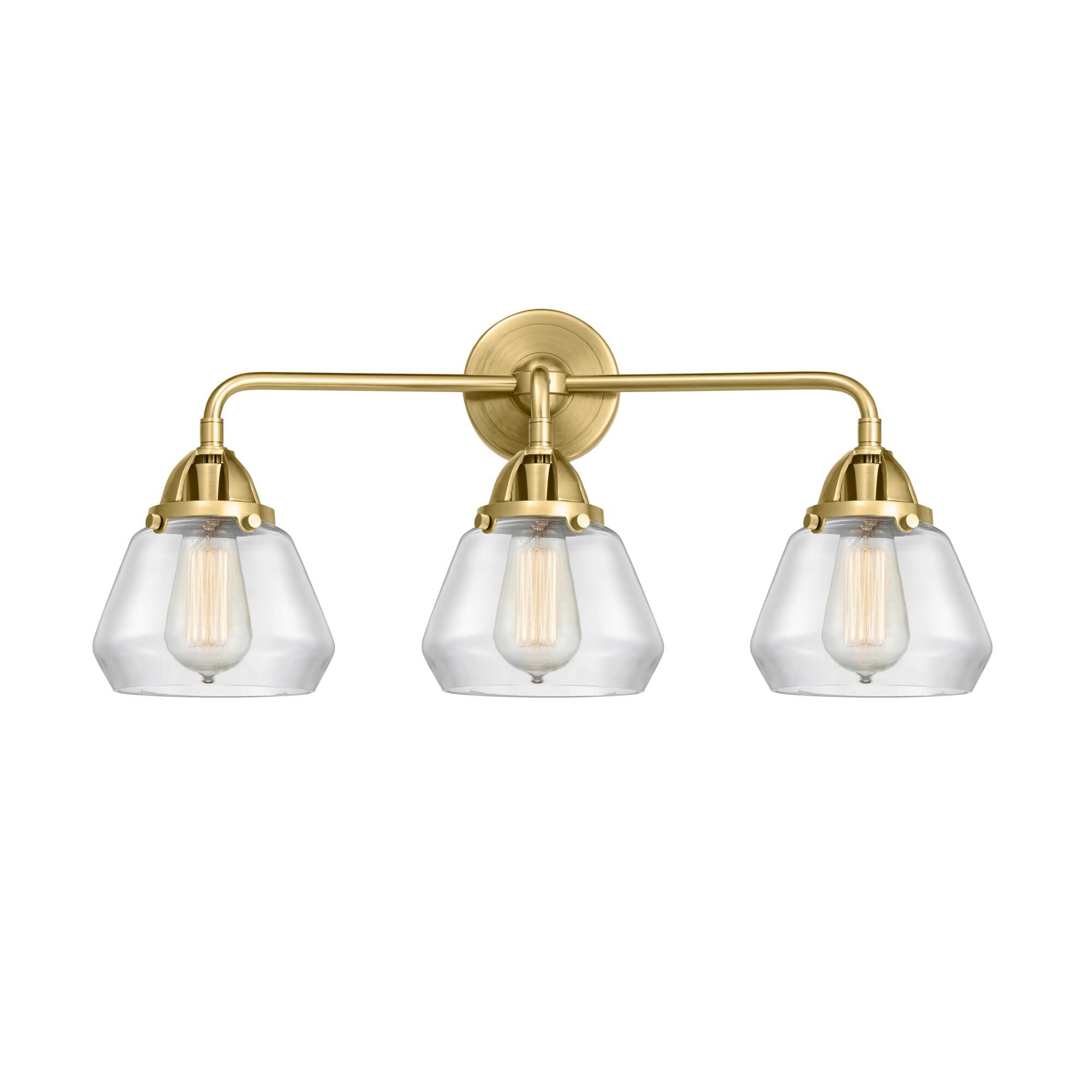 Shown in Satin Gold finish and Clear Fulton glass and No Shade shade