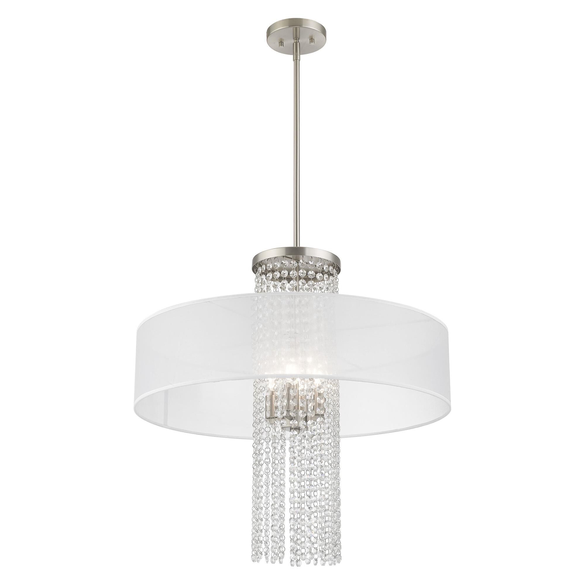 Shown in Brushed Nickel finish and Clear Crystals with Hand Crafted Translucent Fabric shade