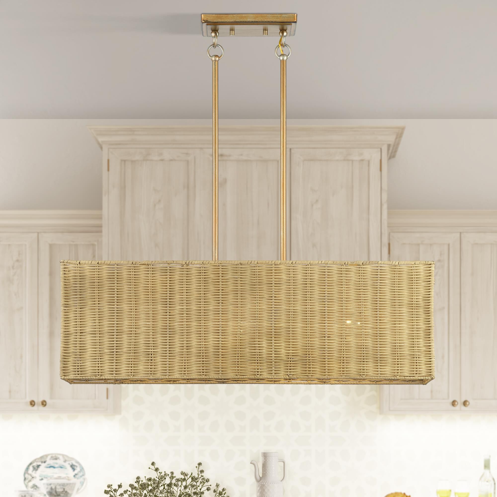 Shown in Antique Gold Leaf finish and Hand-Woven Rustic Walnut Color Rattan shade