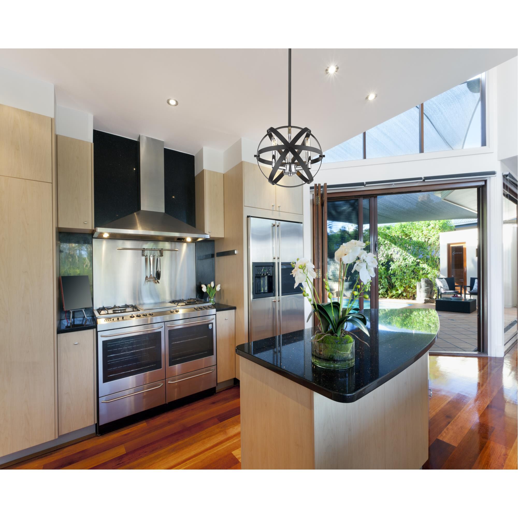 Shown in Hammered Black + Chrome finish and --- glass and --- shade