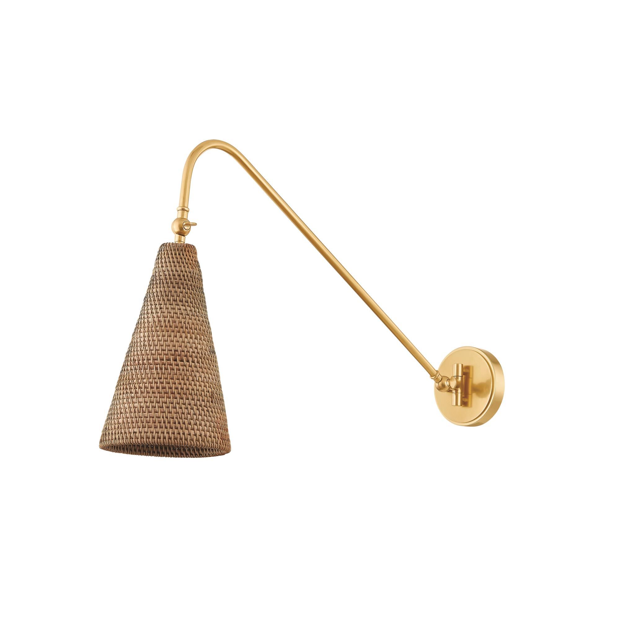 Shown in Aged Brass finish and Vintage Natural Wicker shade