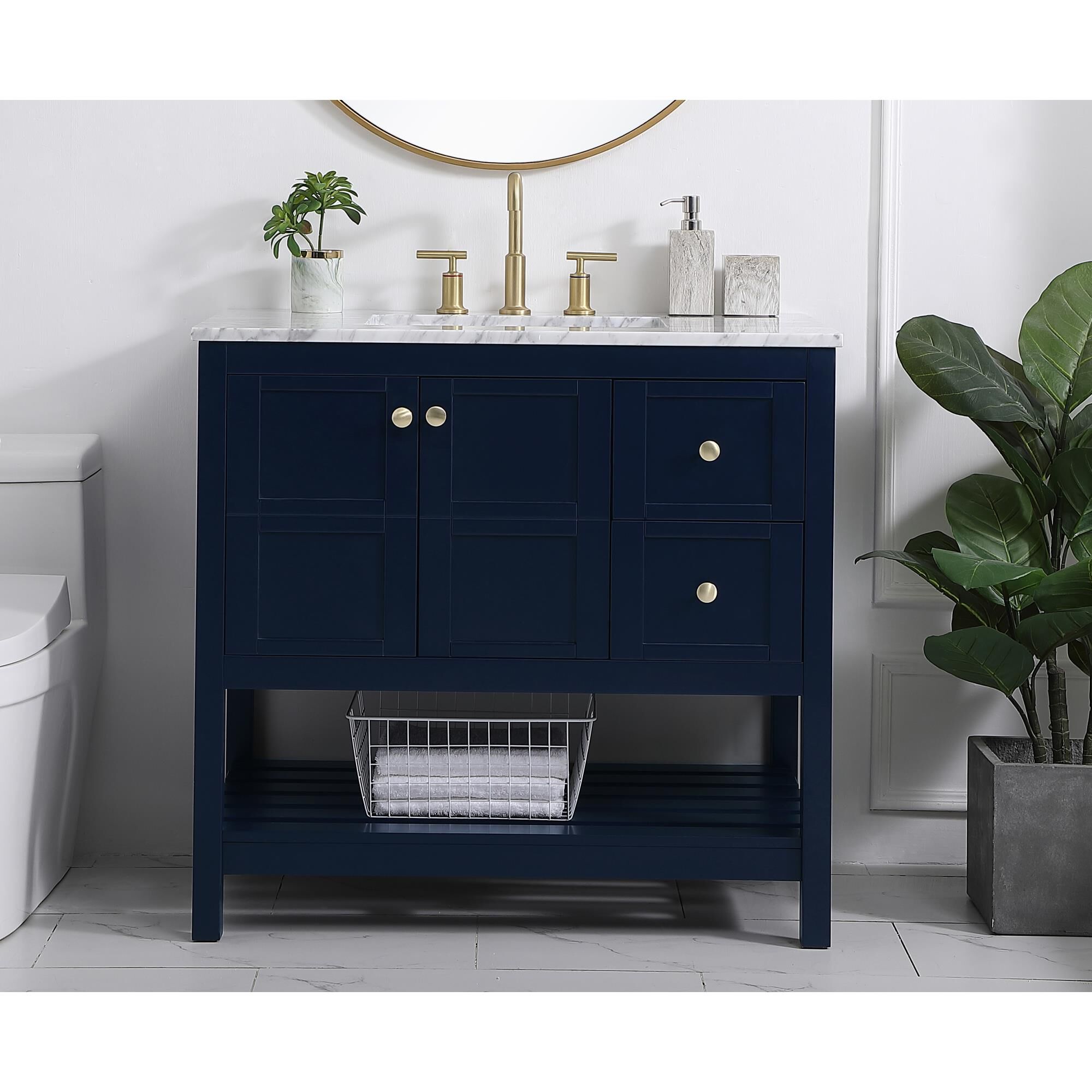 Shown in Blue And Gold With Carrara White Marble finish