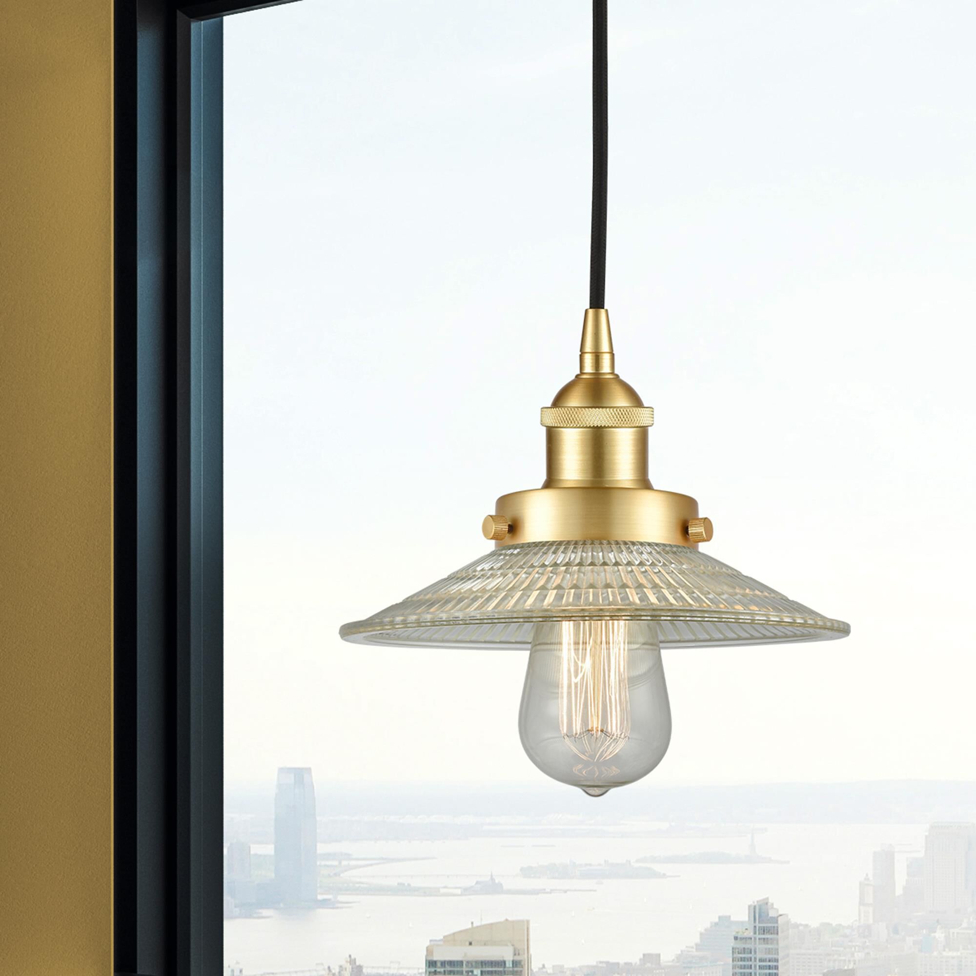 Shown in Satin Gold finish and Clear glass