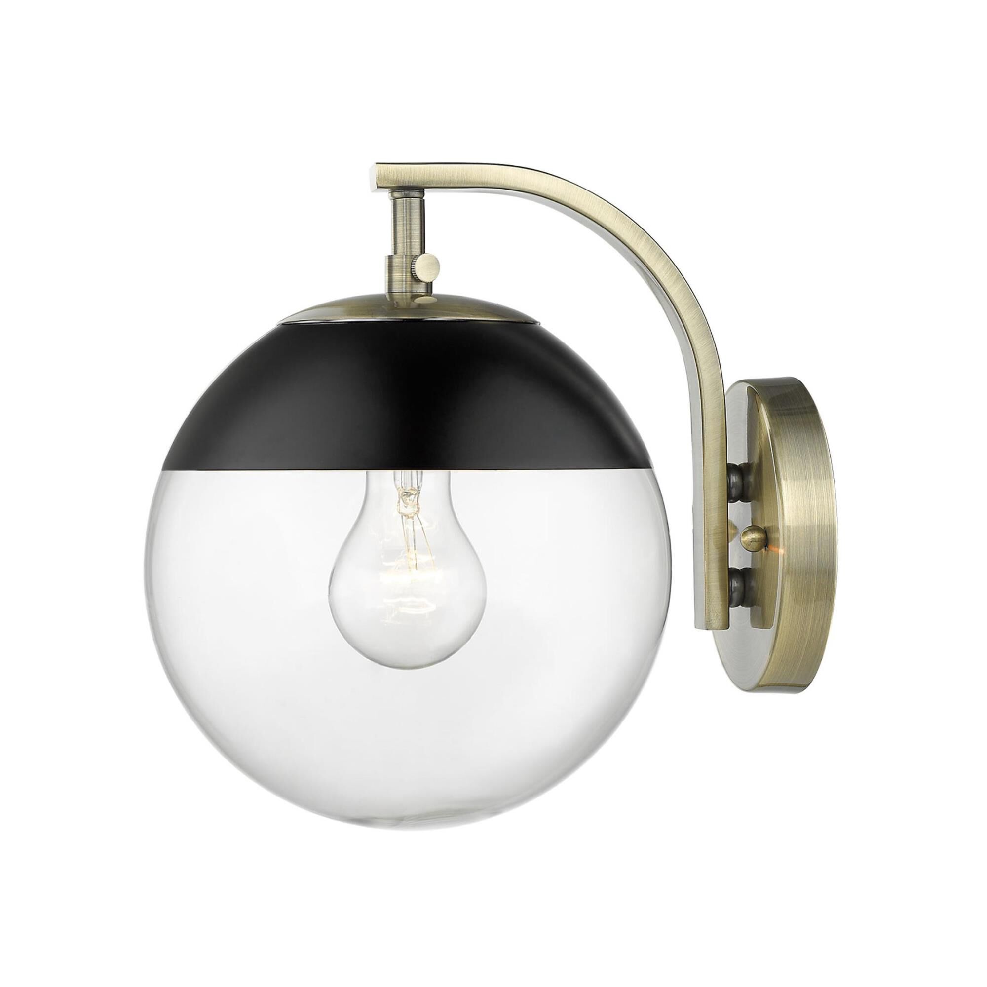 Shown in Aged Brass finish and Clear glass and Black accent