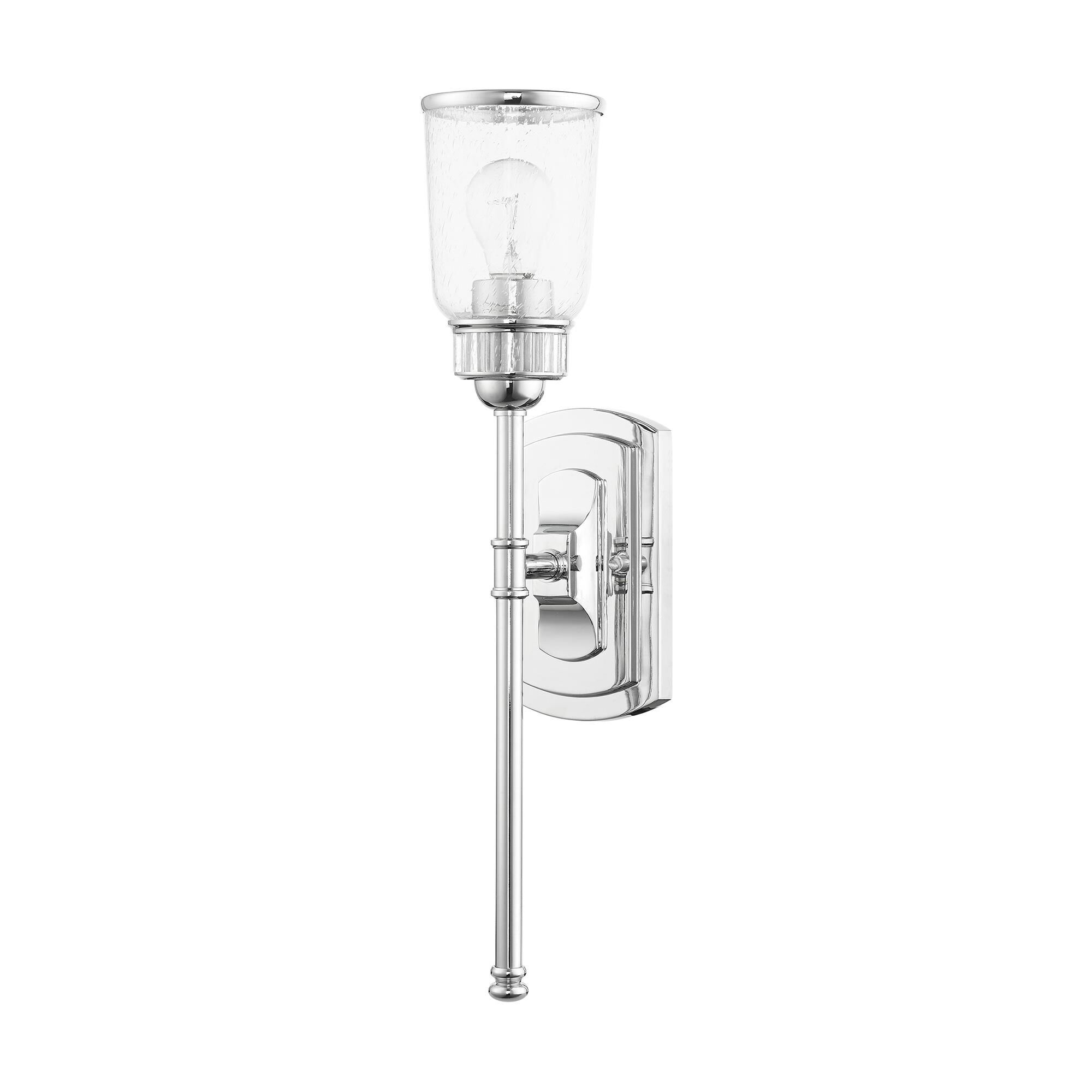 Shown in Polished Chrome finish and Hand Blown Clear Seeded glass and Hand Blown Clear Seeded Glass shade