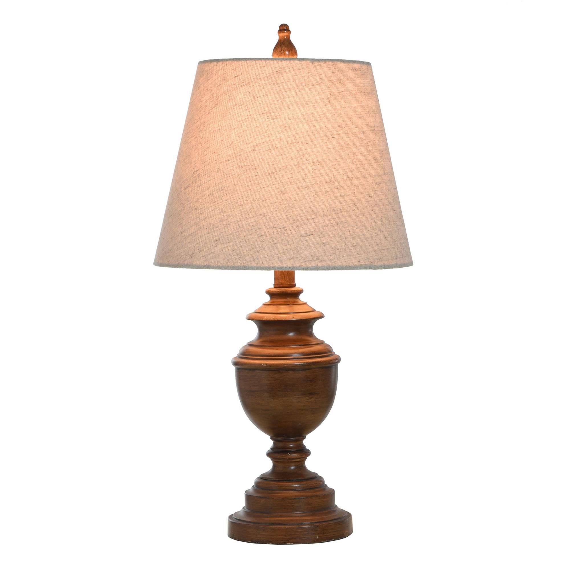 Shown in French Oak finish and Heathered Light Beige Hardback Fabric shade