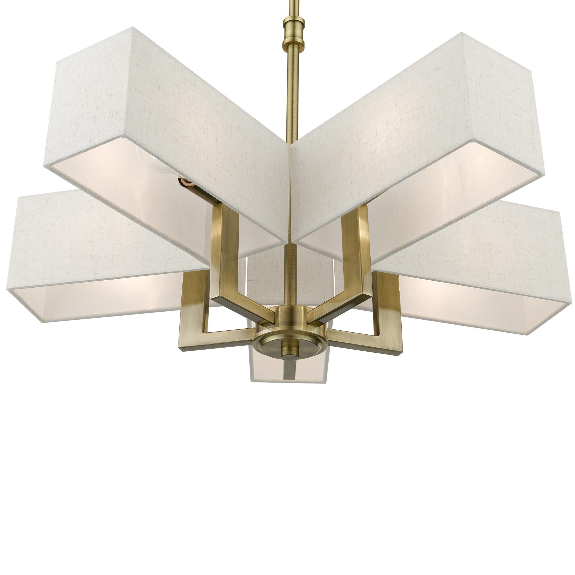 Shown in Antique Brass finish and Hand Crafted Oatmeal Color Hardback Fabric With White Fabric Inside shade