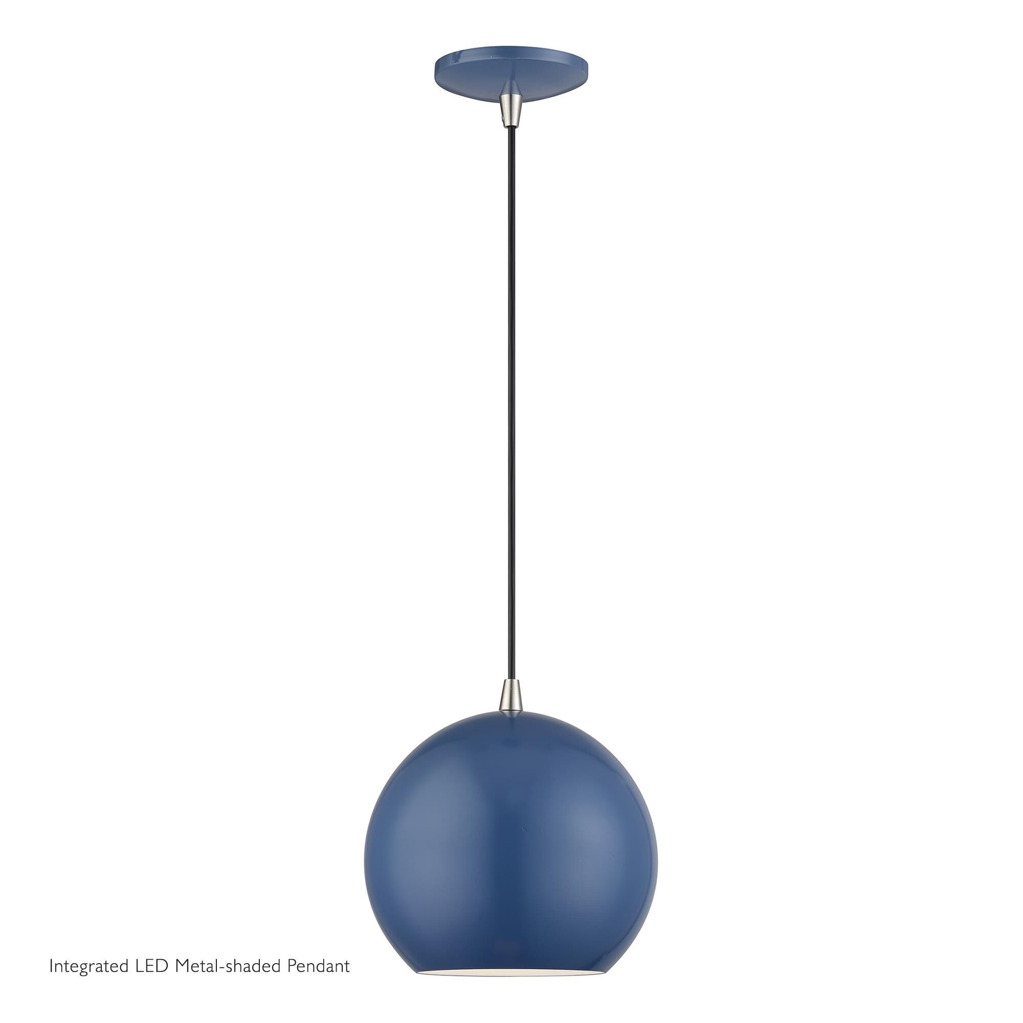 Shown in Ocean Blue with Brushed Nickel Accents finish and Ocean Blue Aluminum with Shiny White Inside shade