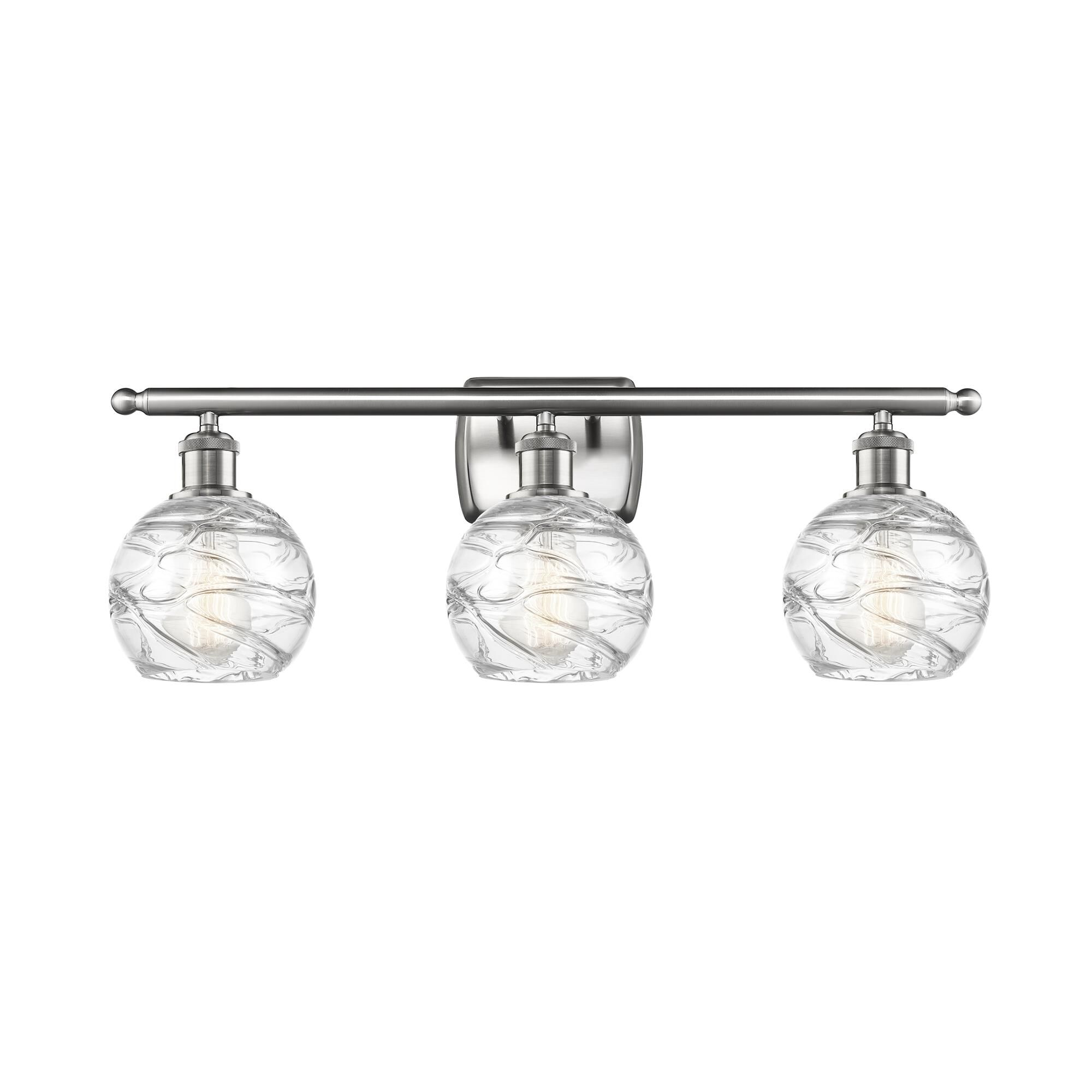 Shown in Brushed Satin Nickel finish and Clear Deco Swirl glass