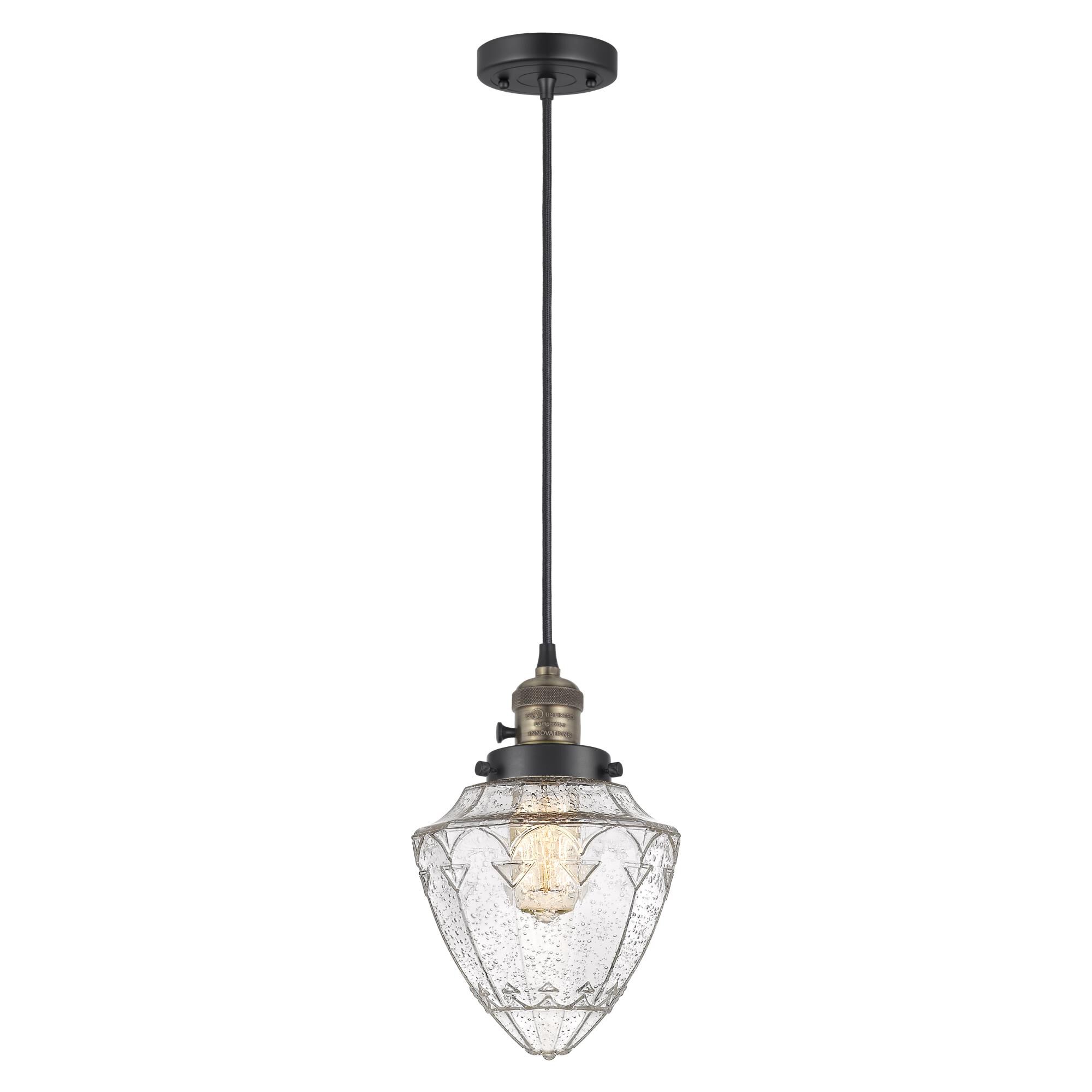 Shown in Black Antique Brass finish and Seedy Small Bullet glass