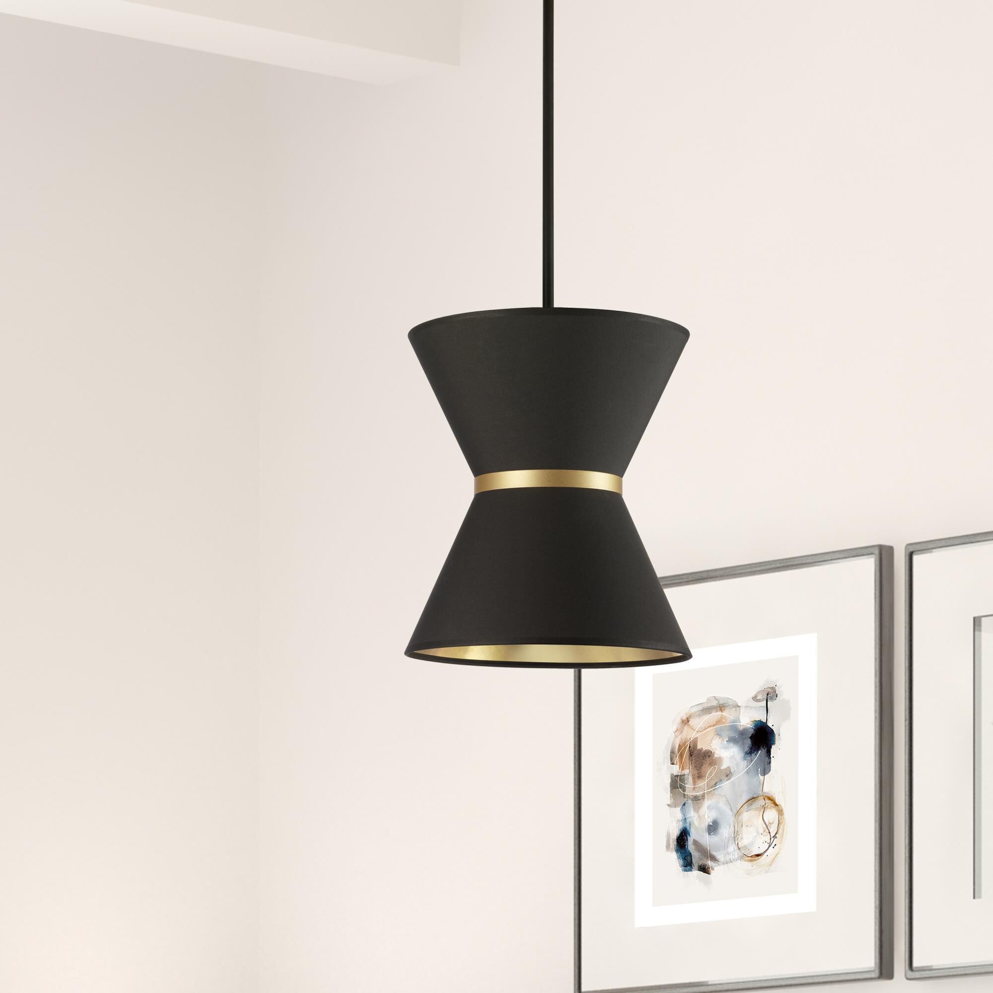 Shown in Black and Matte Black finish and Black Fabric Tapered Drum shade