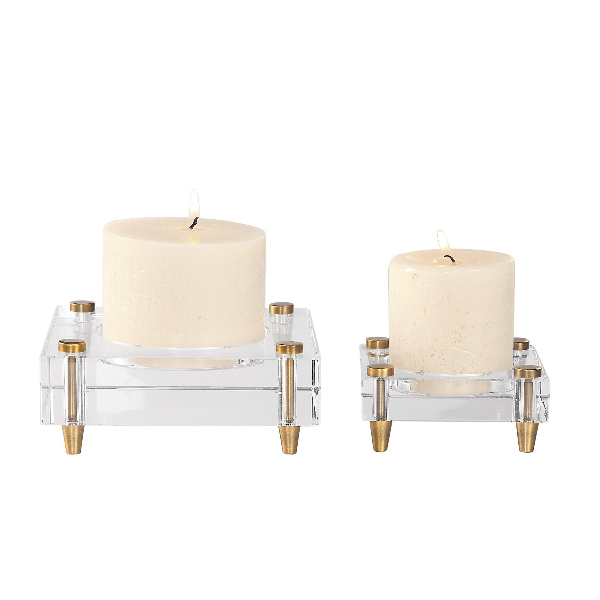 Shown in Heavy Crystal Block Candle Holders, Suspended By Machined Brass Finished Legs. Includes One, 3