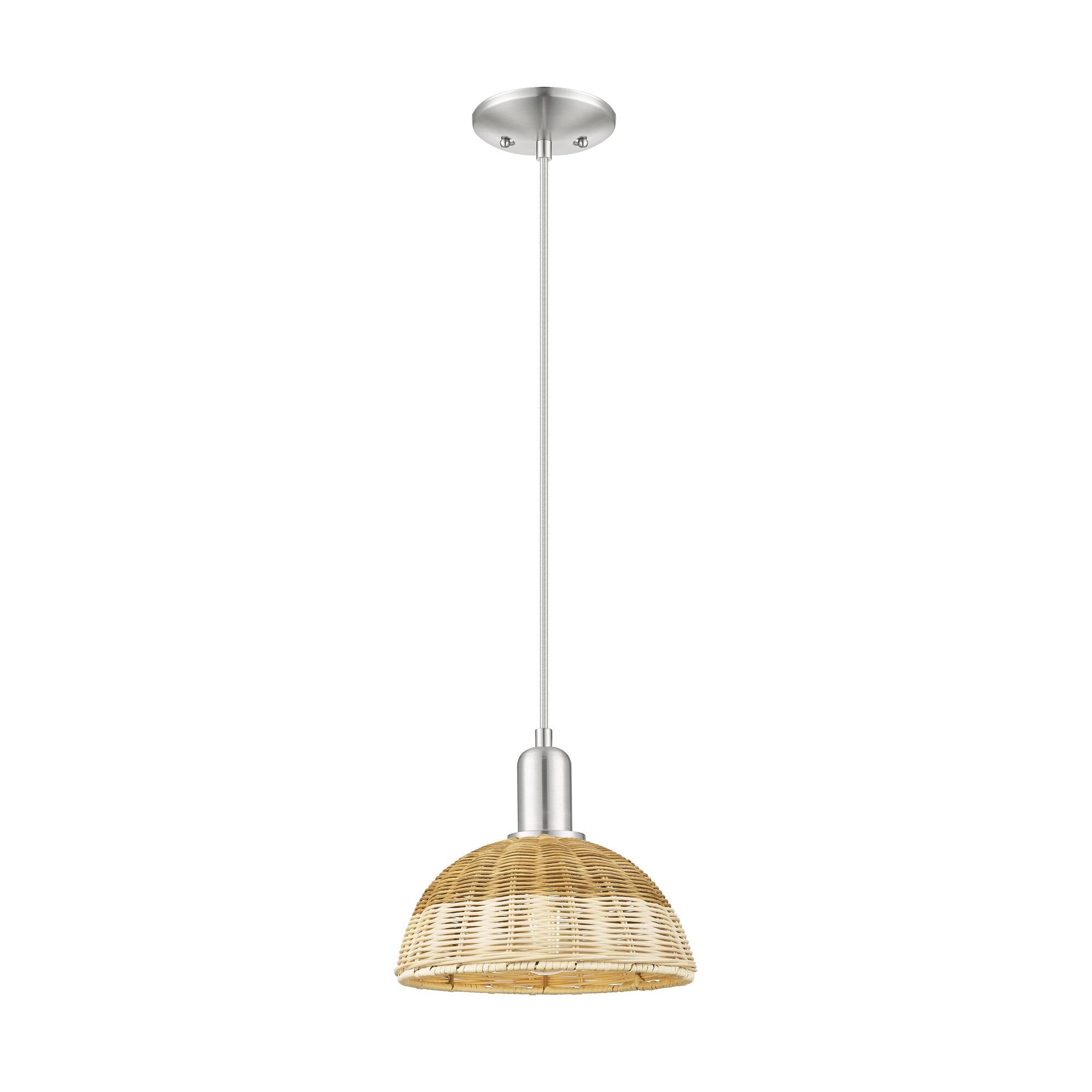 Shown in Brushed Satin Nickel finish and Natural Fiber shade
