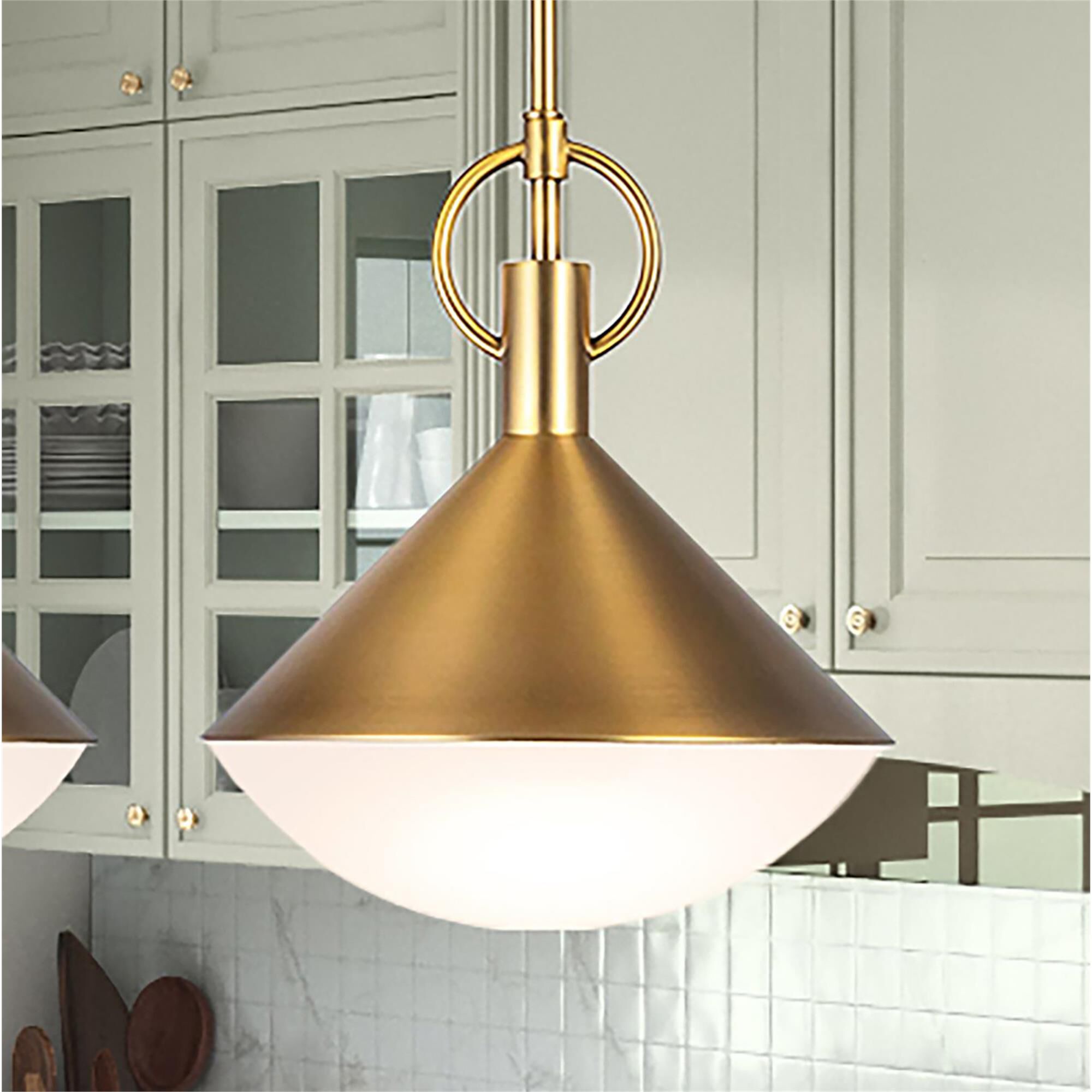 Shown in Brass finish and White glass