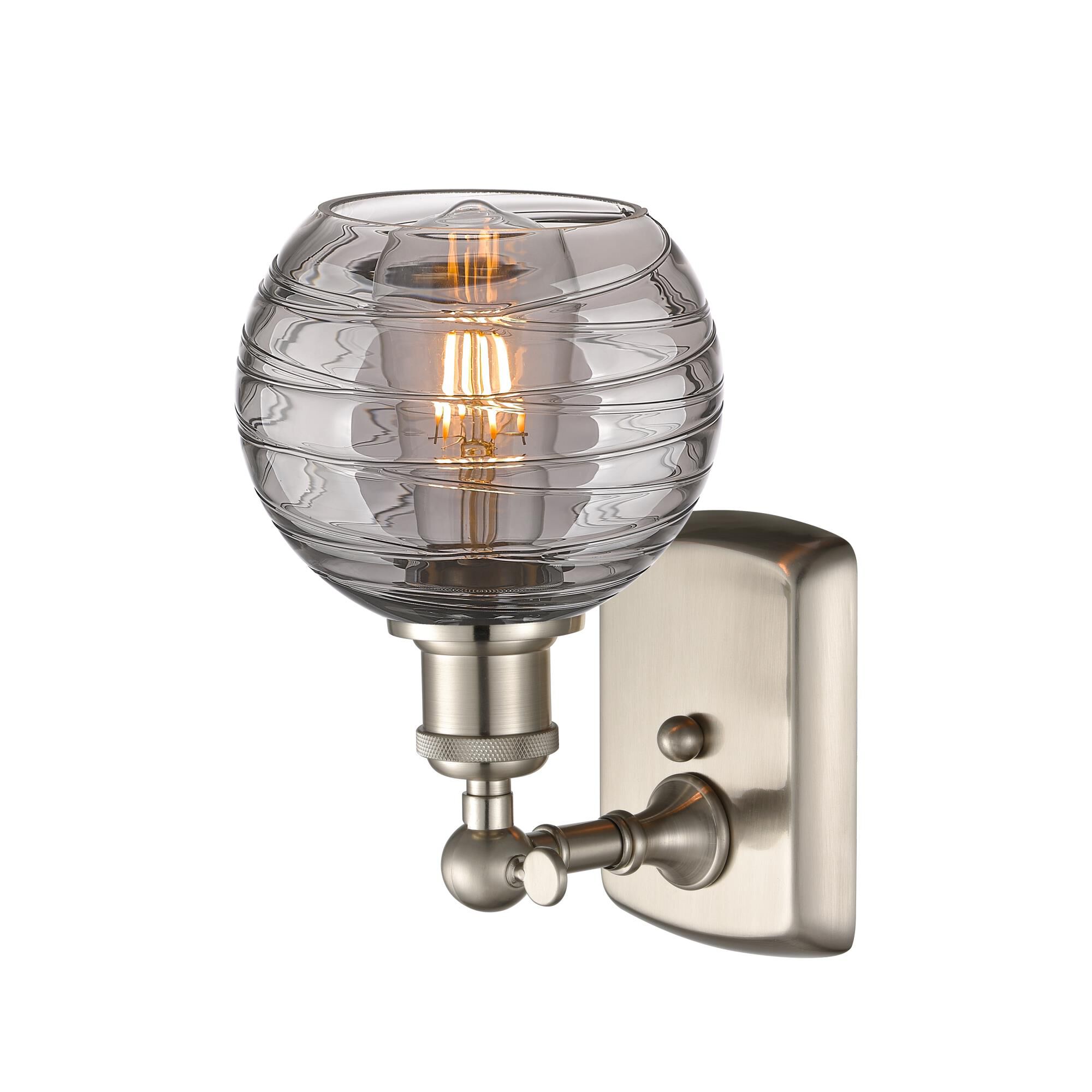 Shown in Brushed Satin Nickel finish and Light Smoke Deco Swirl glass