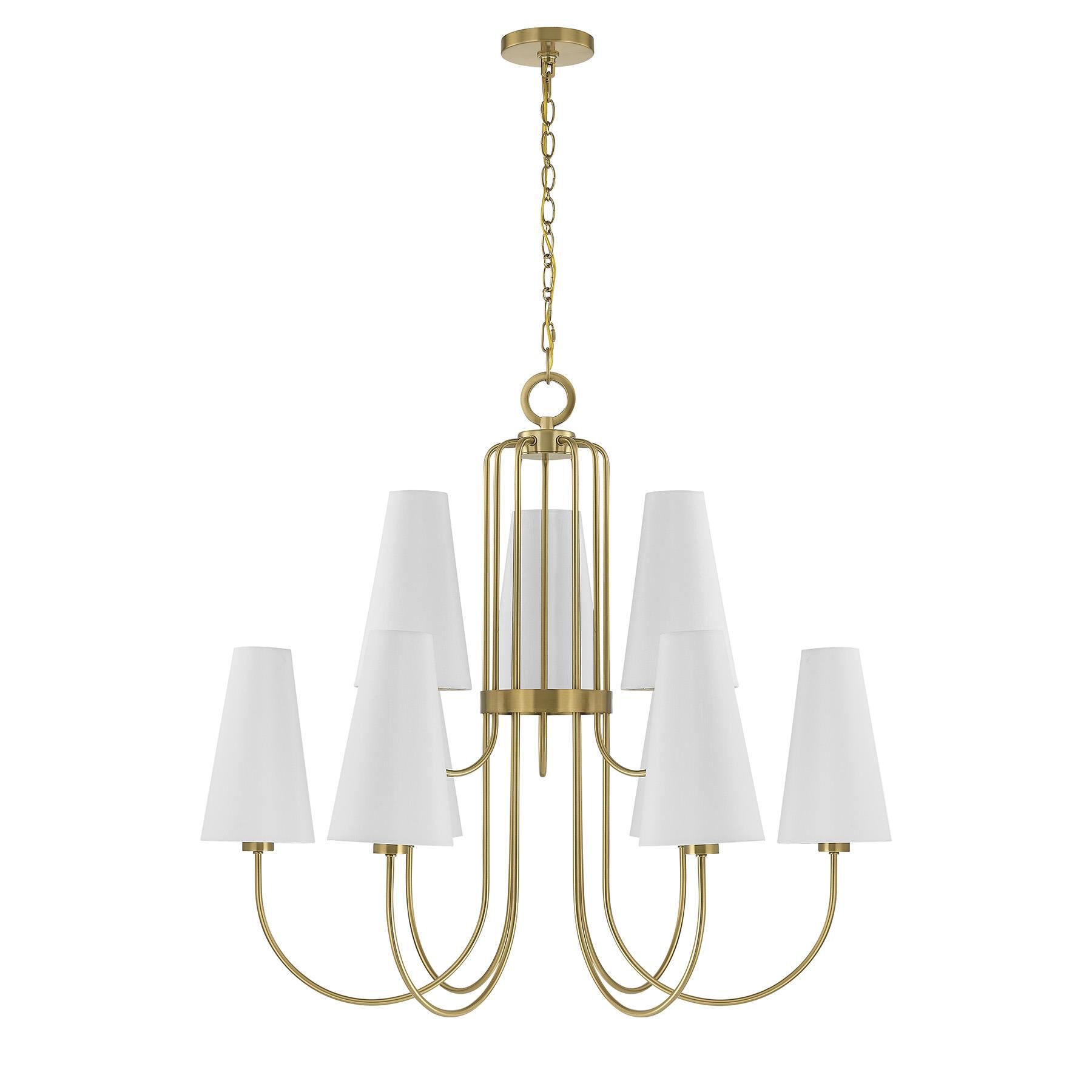 Shown in Warm Brass finish and White Fabric shade