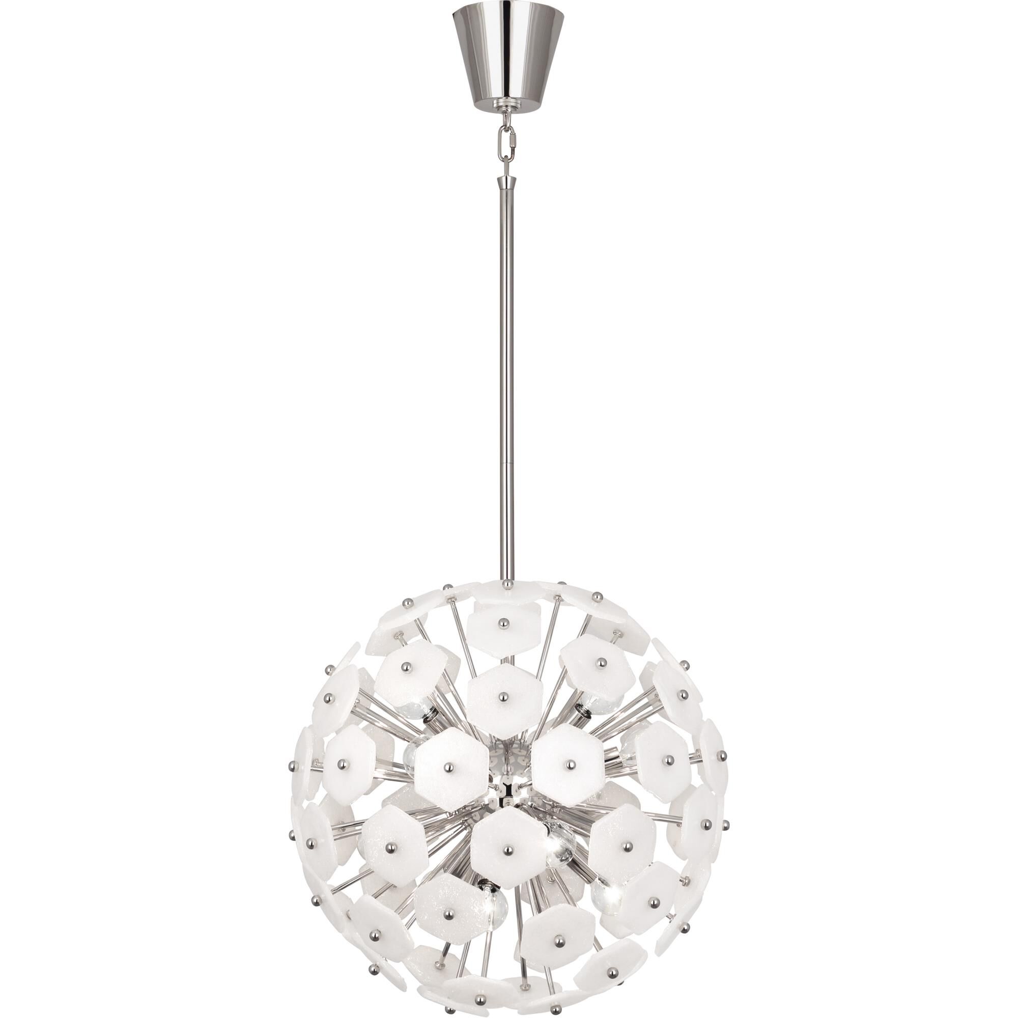 Shown in Polished Nickel  finish and Individually Hand Blown White Pulegoso Glass shade